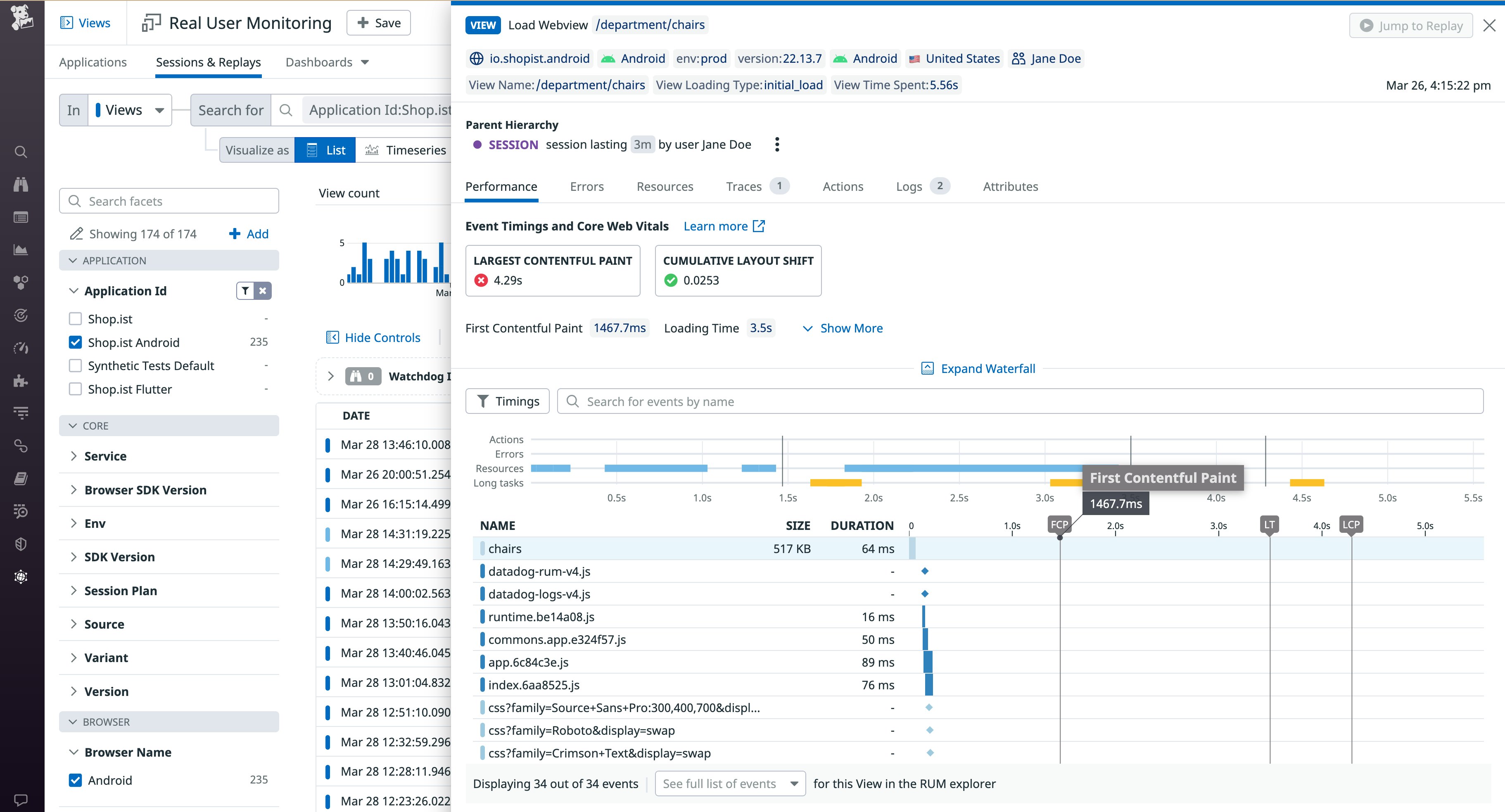 Panel displaying hybrid app metrics and events, including FCP, organized on a timeline. Panel displaying hybrid app metrics and events, including FCP, organized on a timeline.