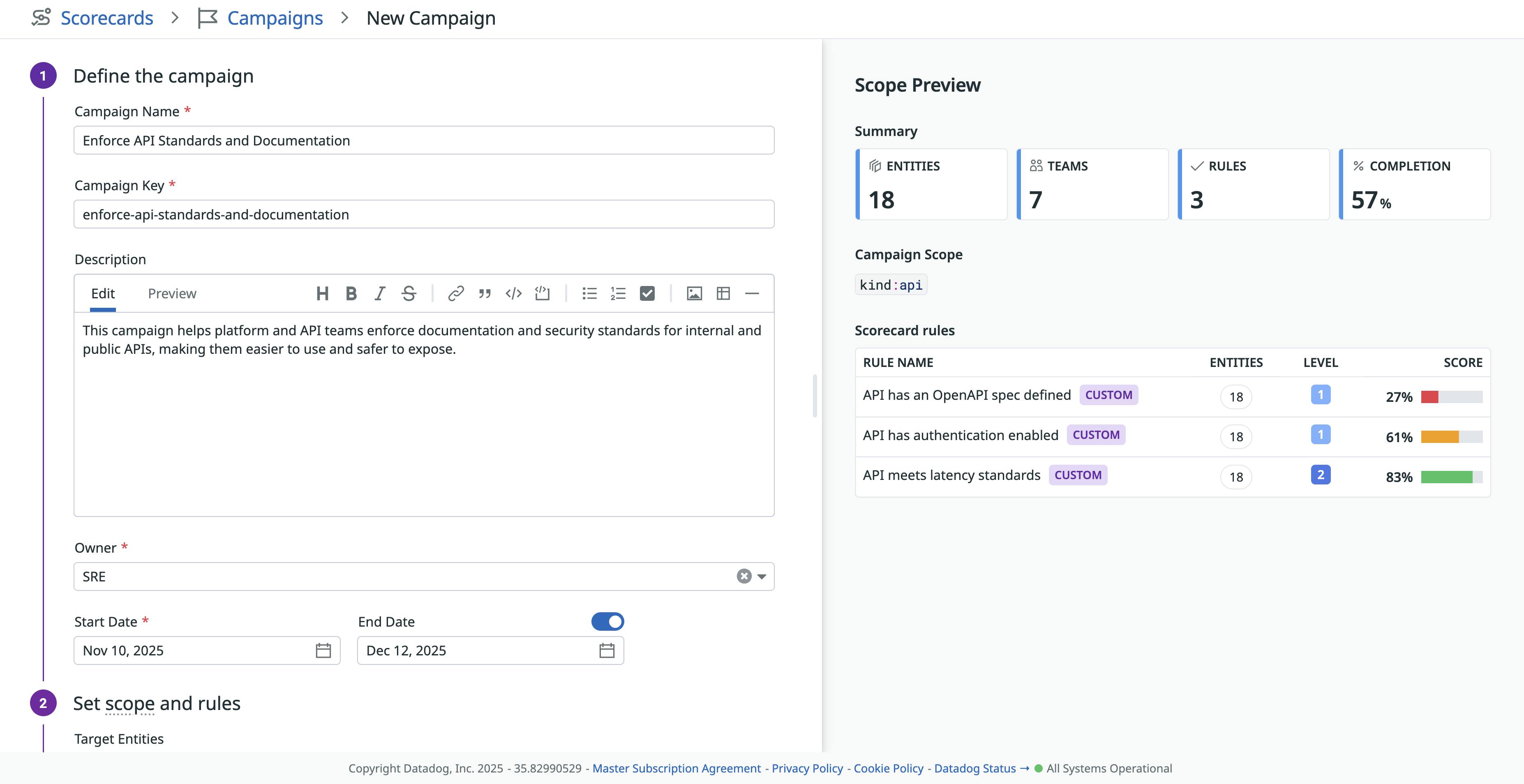 Interface for defining a new campaign, showing fields to set the name, description, timeline, and initial scoring rules.