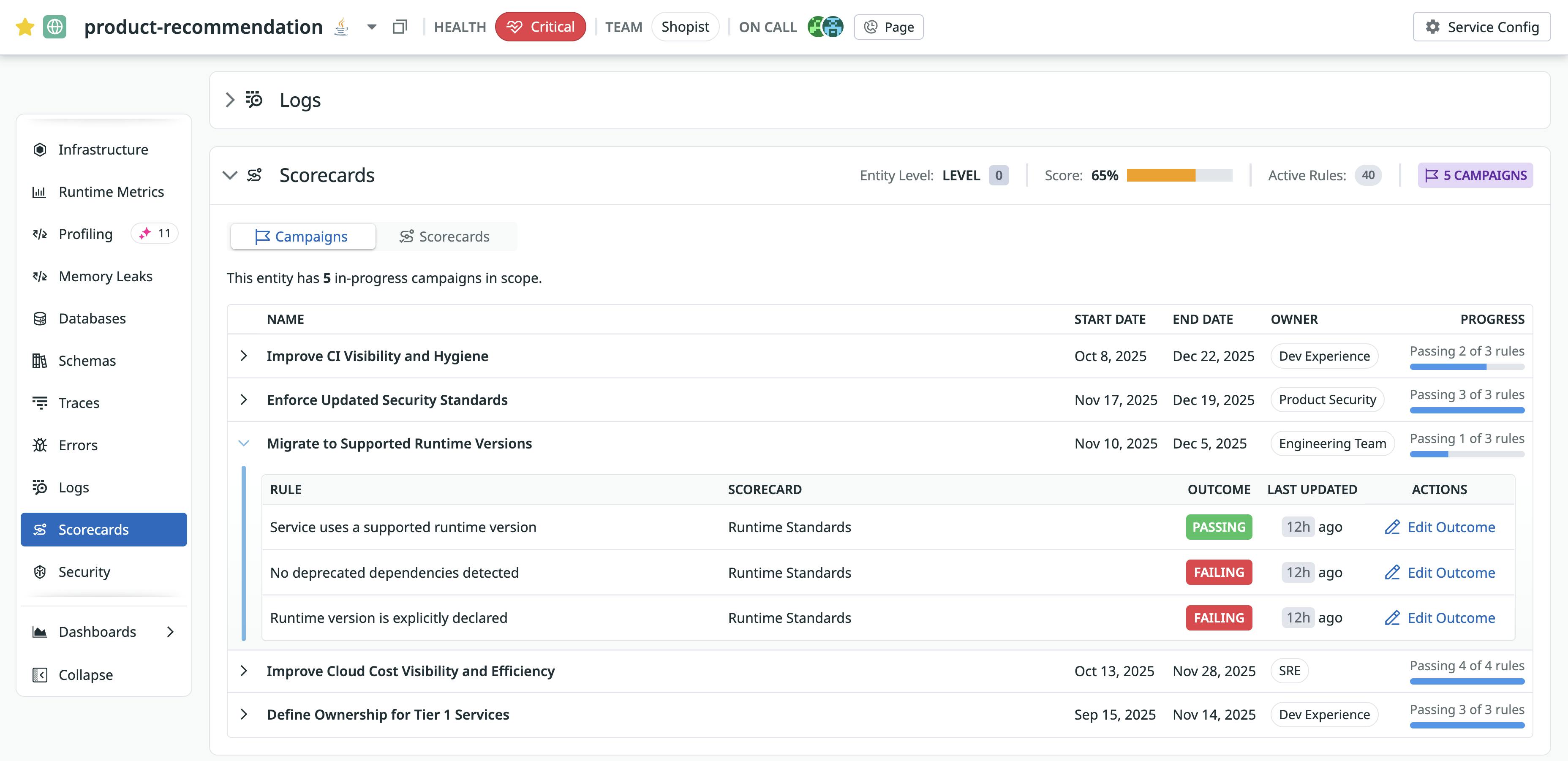 Campaign view listing runtime-related rules and outcomes for each service to track upgrade progress.