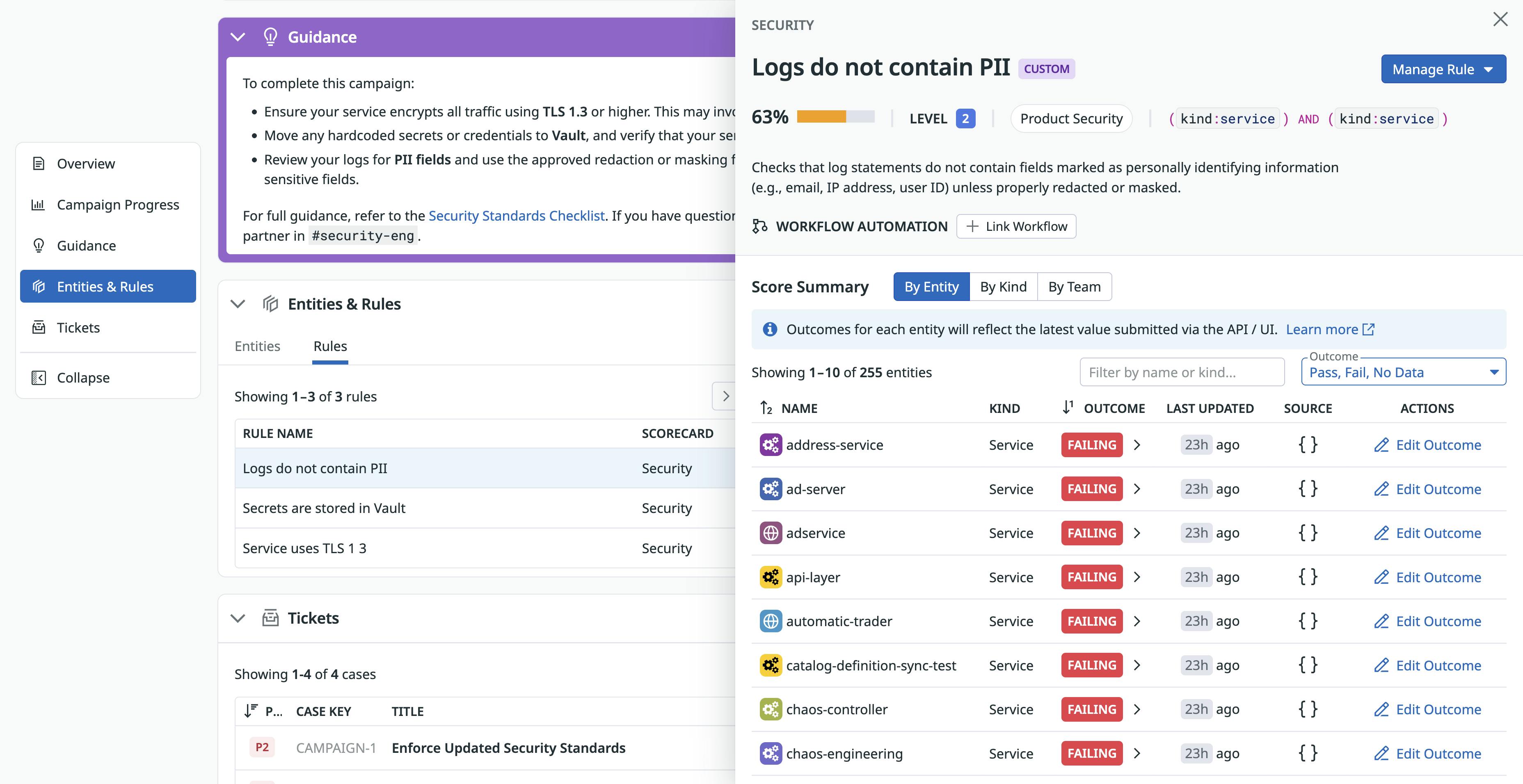 Security-focused campaign screen displaying rule outcomes for services and guidance for meeting updated standards.