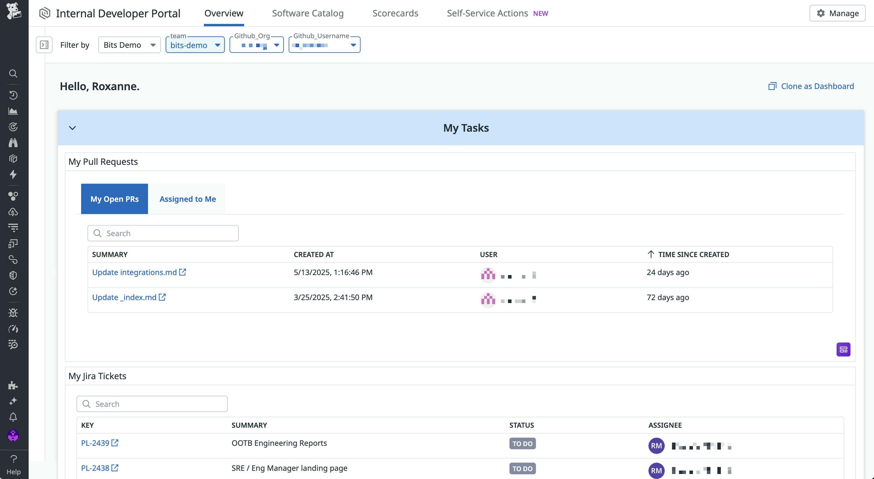 Developer overview page showing tasks, monitors, and PRs Developer overview page showing tasks, monitors, and PRs