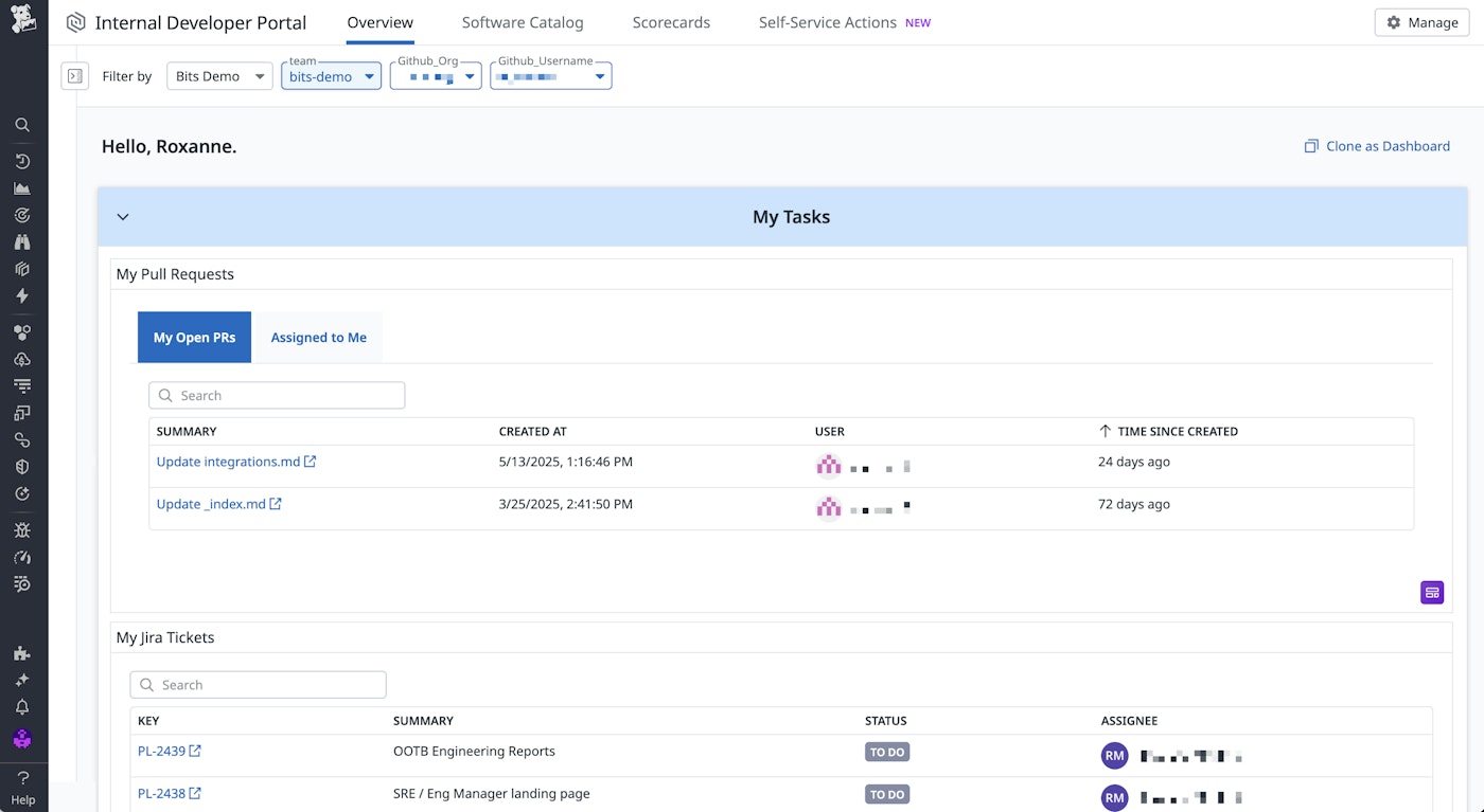 Developer overview page showing tasks, monitors, and PRs Developer overview page showing tasks, monitors, and PRs