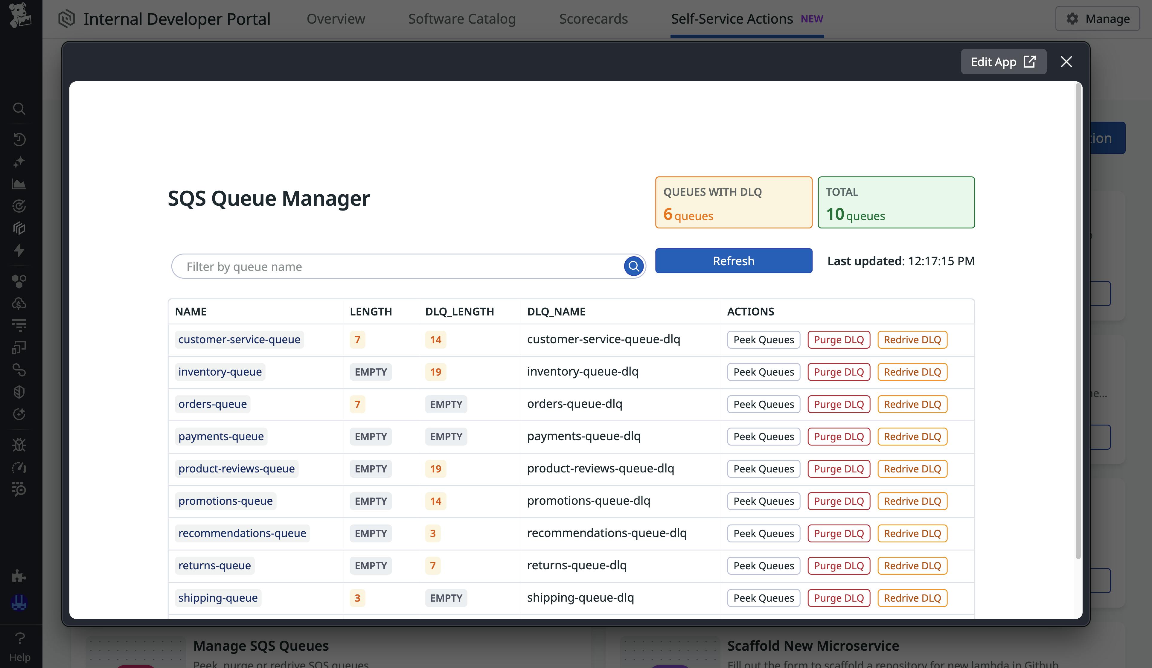 Screenshot of SQS Queue Manager in Self-Service Actions.
