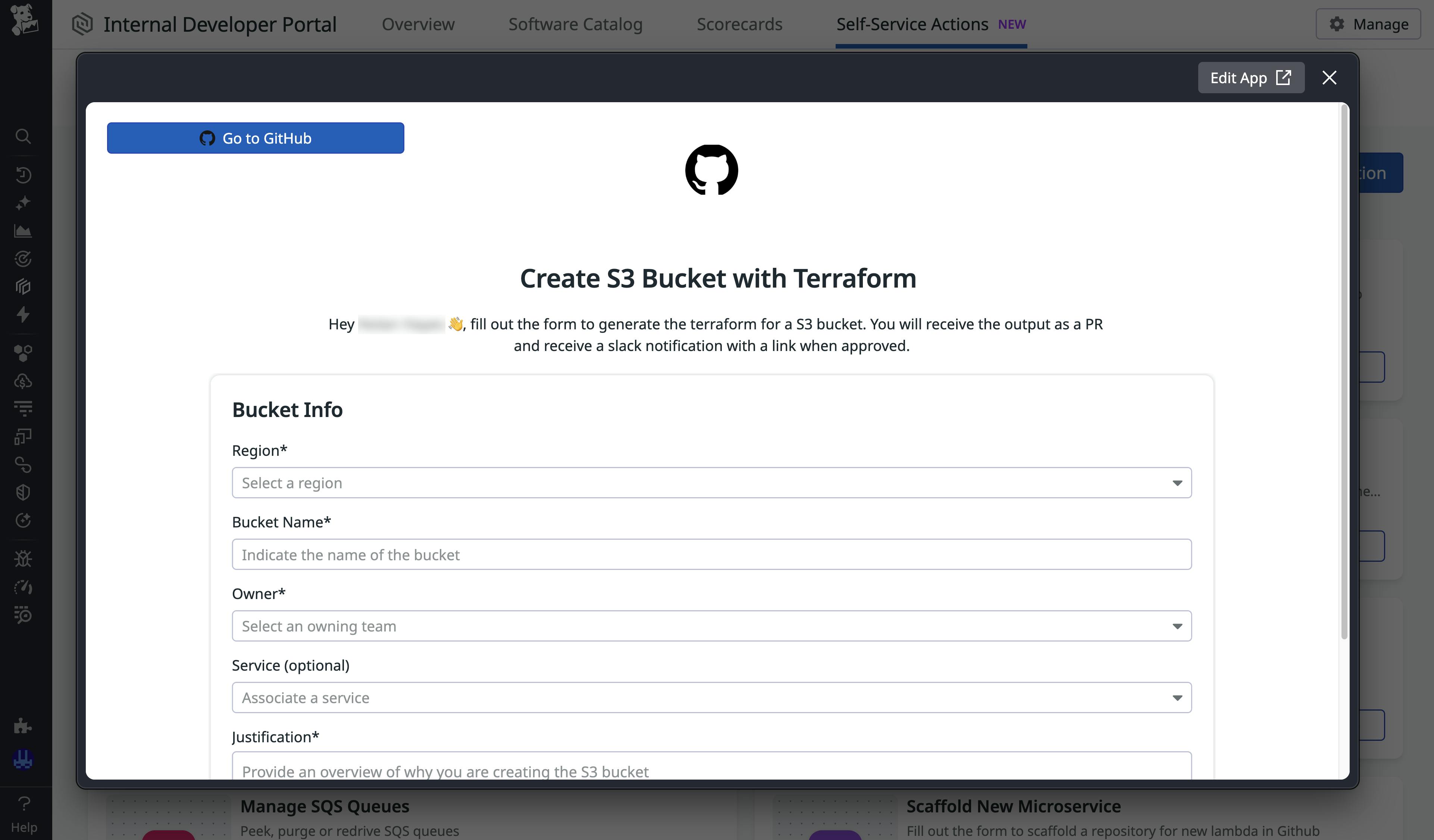A form to provision an Amazon S3 bucket.