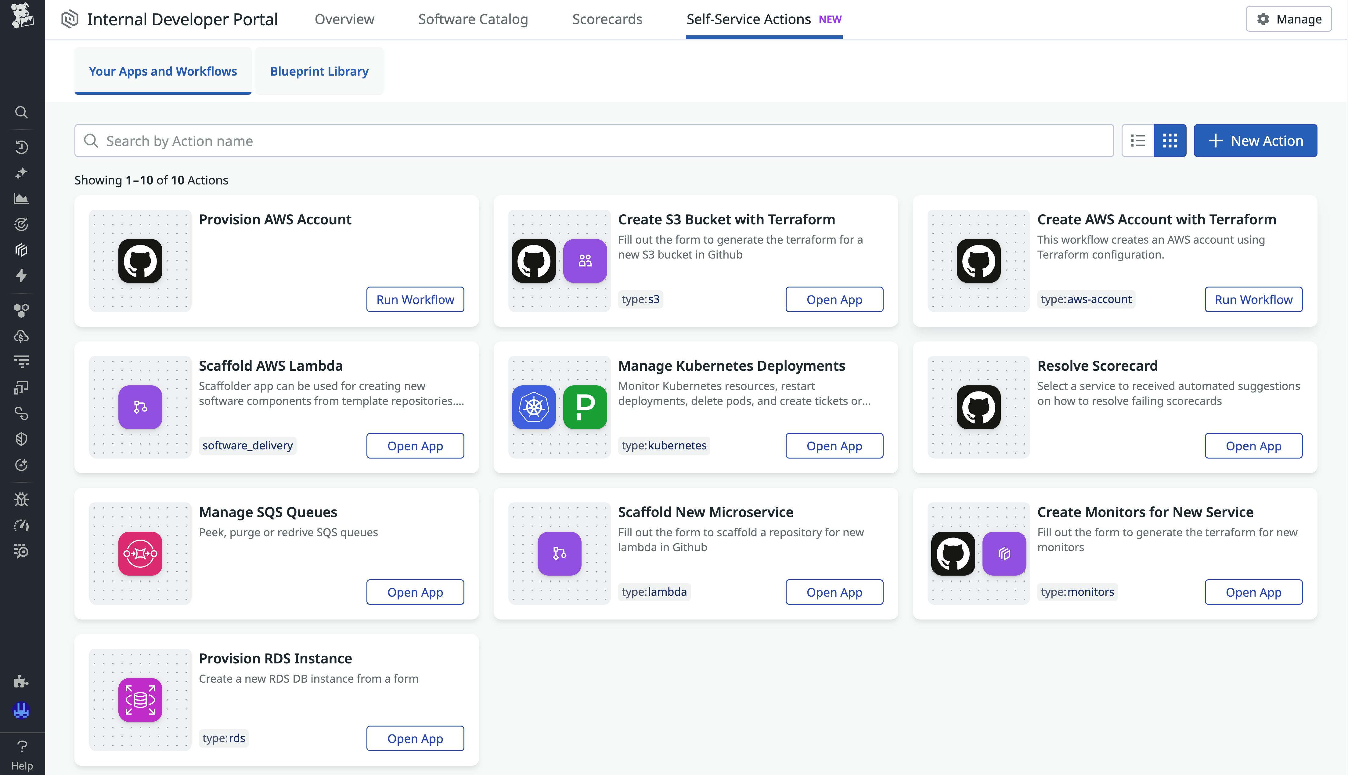Screenshot of Self-Service Actions in Datadog Internal Developer Portal.