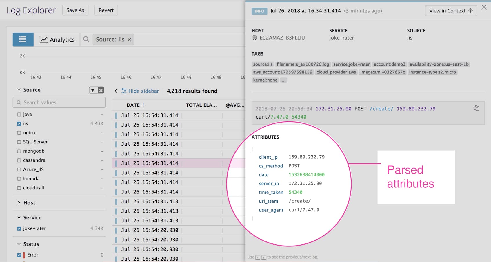 IIS monitoring - Viewing attributes for IIS logs