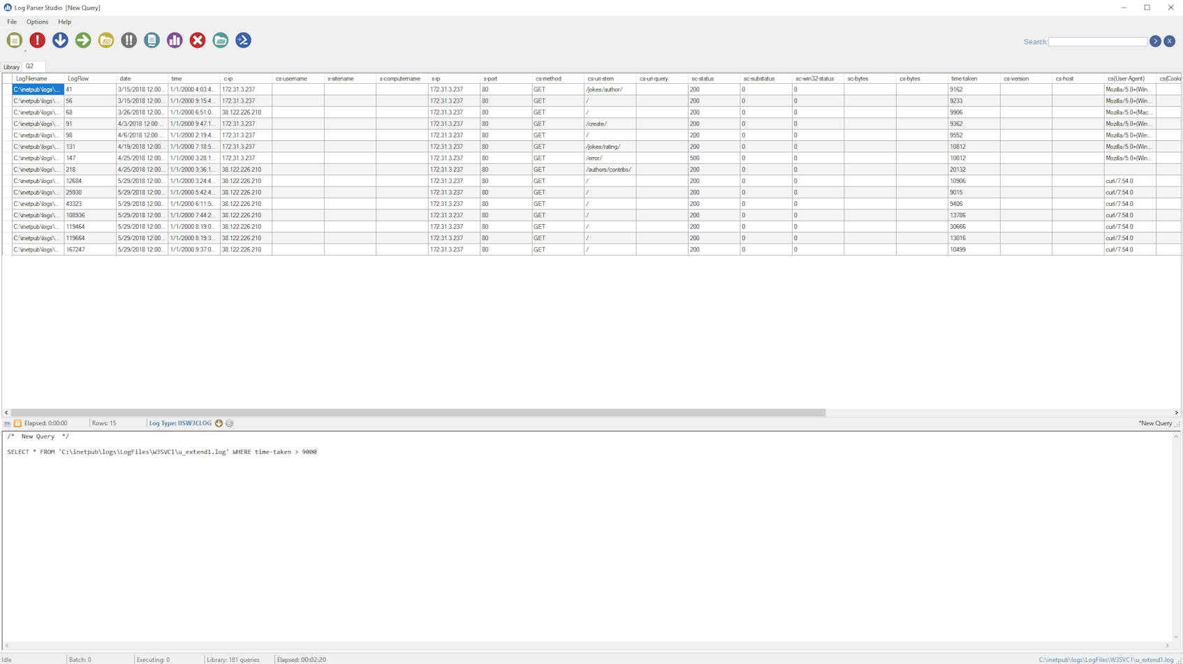 IIS monitoring tools - The results of a query within Log Parser Studio