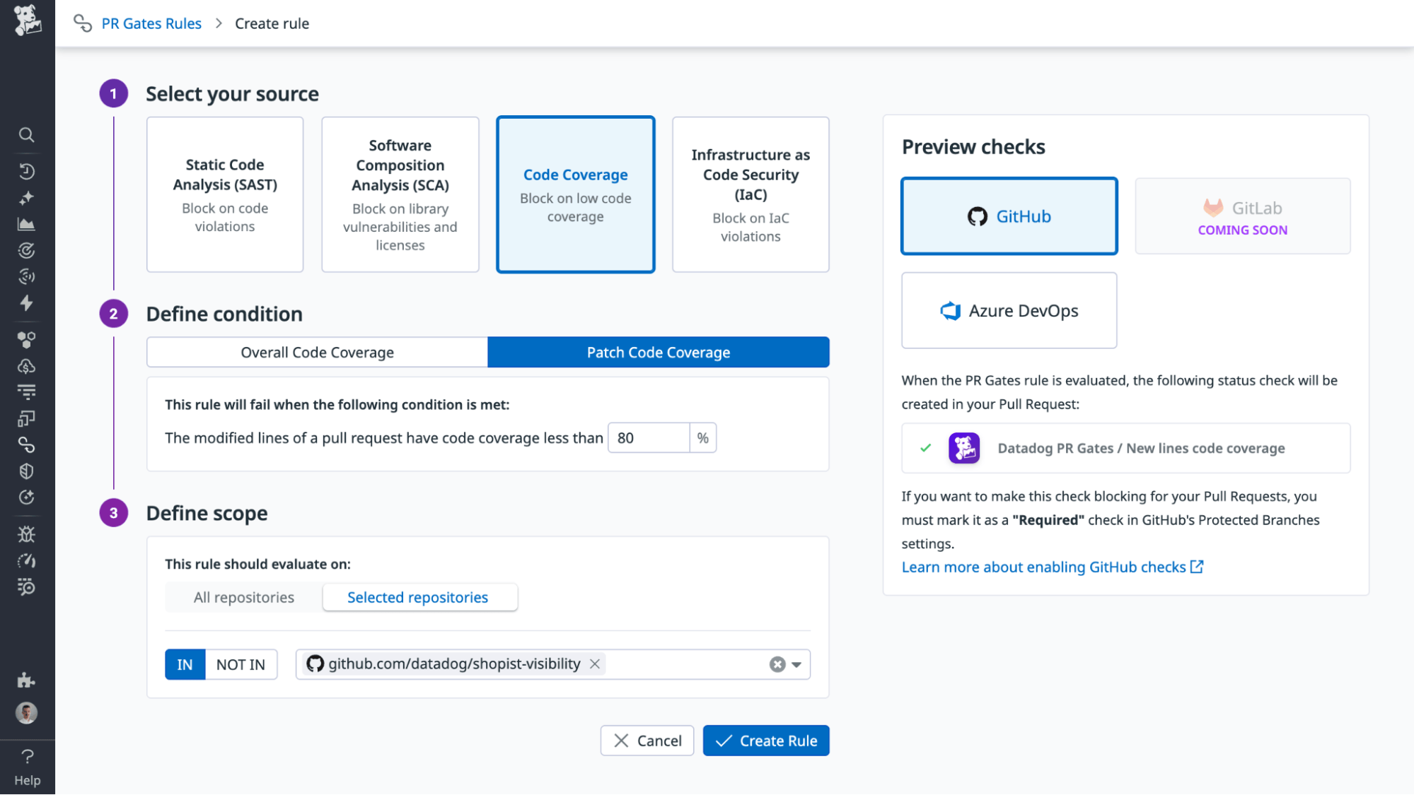 Screenshot that shows the process for creating a Code Coverage rule from selecting the source to defining the condition and scope. Screenshot that shows the process for creating a Code Coverage rule from selecting the source to defining the condition and scope.