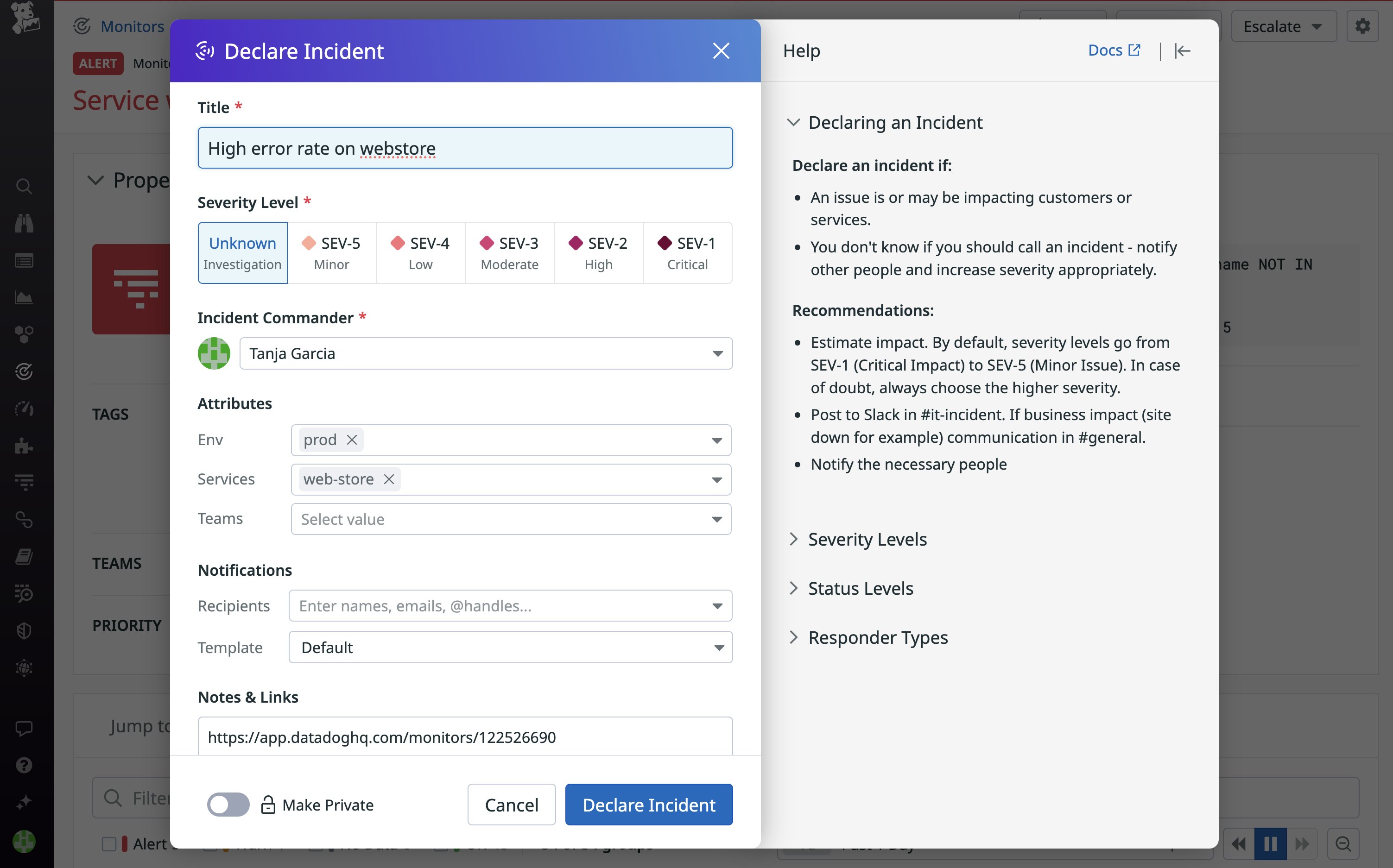 Popup window showing a user declaring an incident in the Datadog app Popup window showing a user declaring an incident in the Datadog app