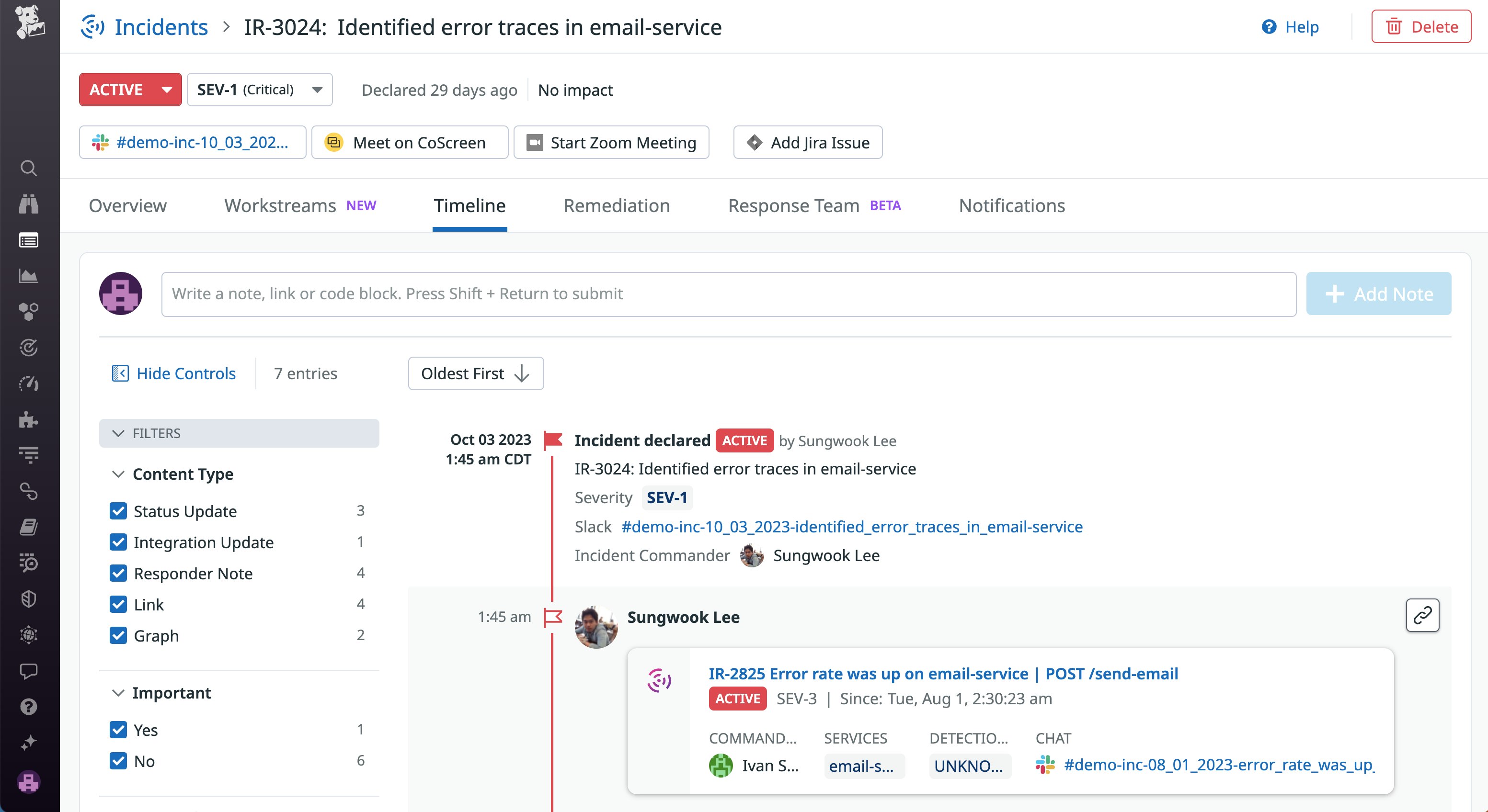 View of an incident's timeline in the Datadog Incidents UI View of an incident's timeline in the Datadog Incidents UI