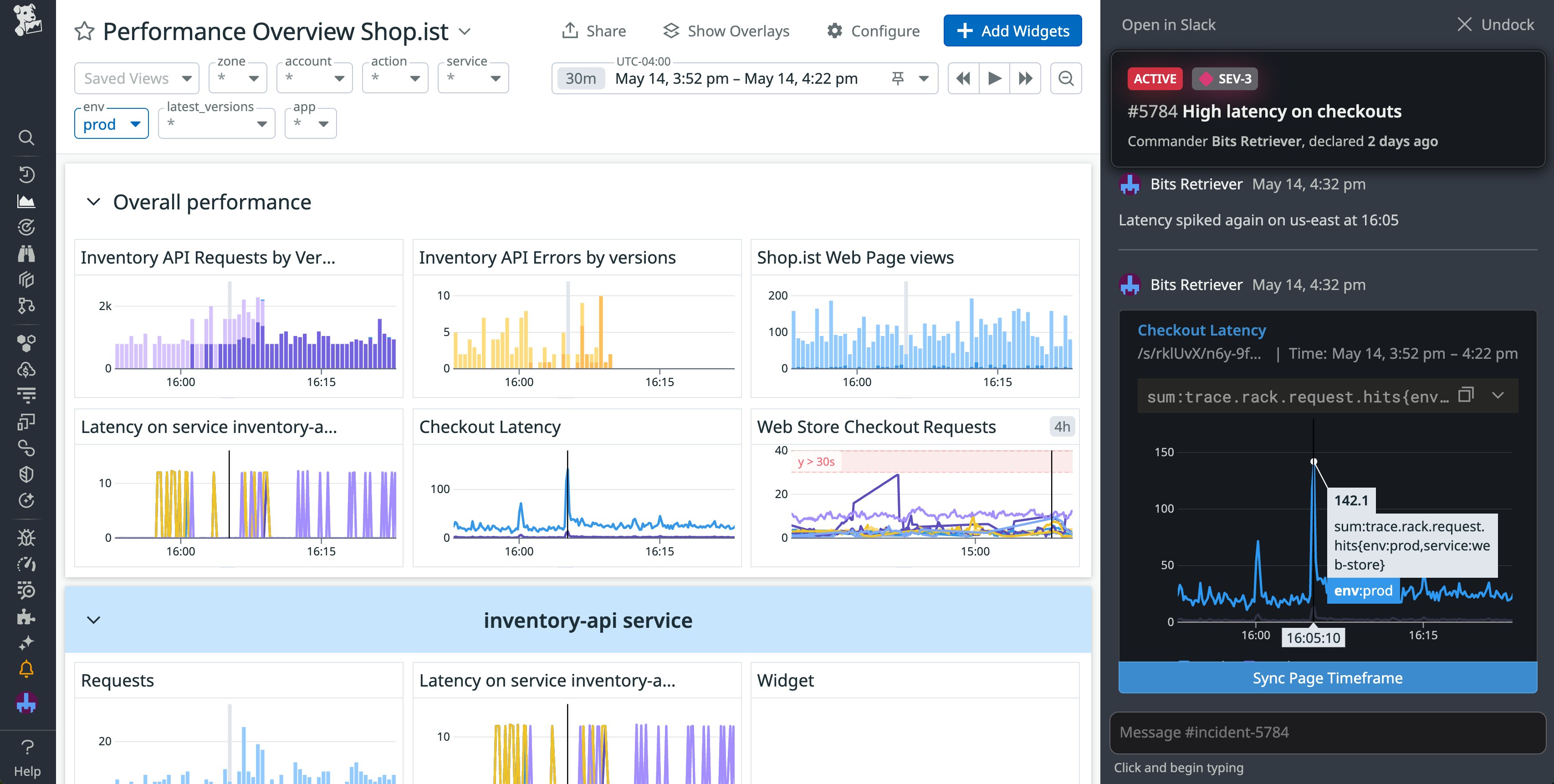 The incident sidebar, with a graph synced to a dashboard displayed. The incident sidebar, with a graph synced to a dashboard displayed.