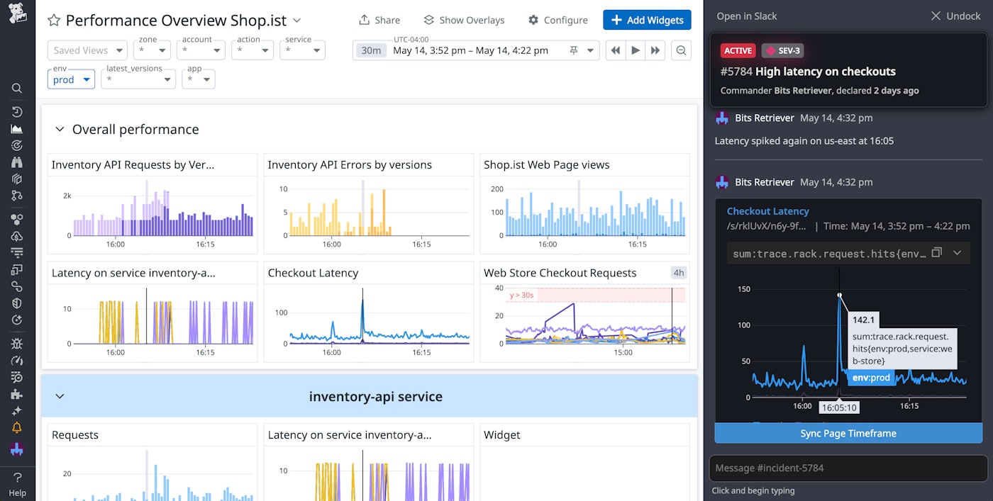 The incident sidebar, with a graph synced to a dashboard displayed. The incident sidebar, with a graph synced to a dashboard displayed.