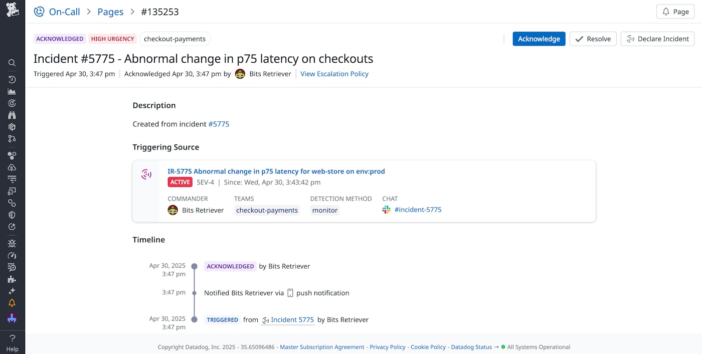 Incident details for a Datadog On-Call page. Incident details for a Datadog On-Call page.