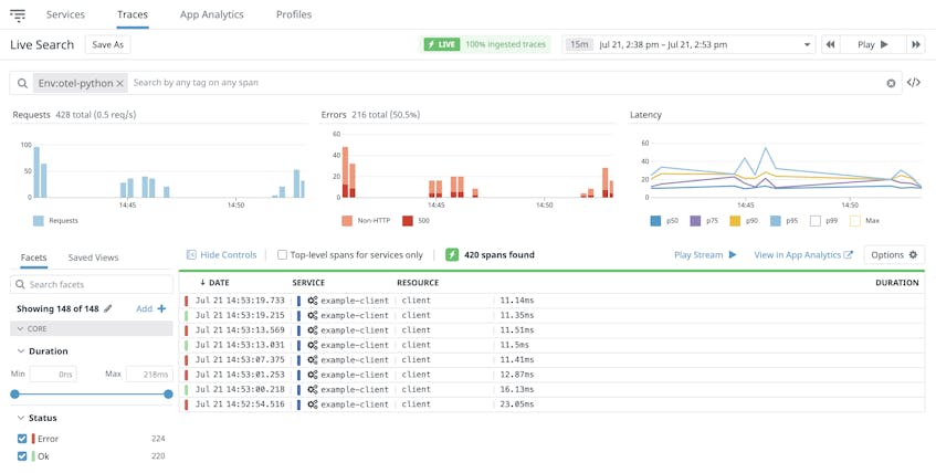 Search traces in real time for OpenTelemetry monitoring and Flask application monitoring
