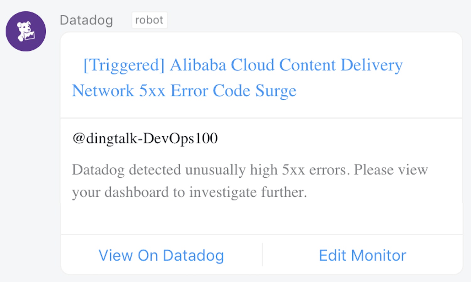 Our integration sends Datadog alerts to DingTalk for fast collaboration. Our integration sends Datadog alerts to DingTalk for fast collaboration.