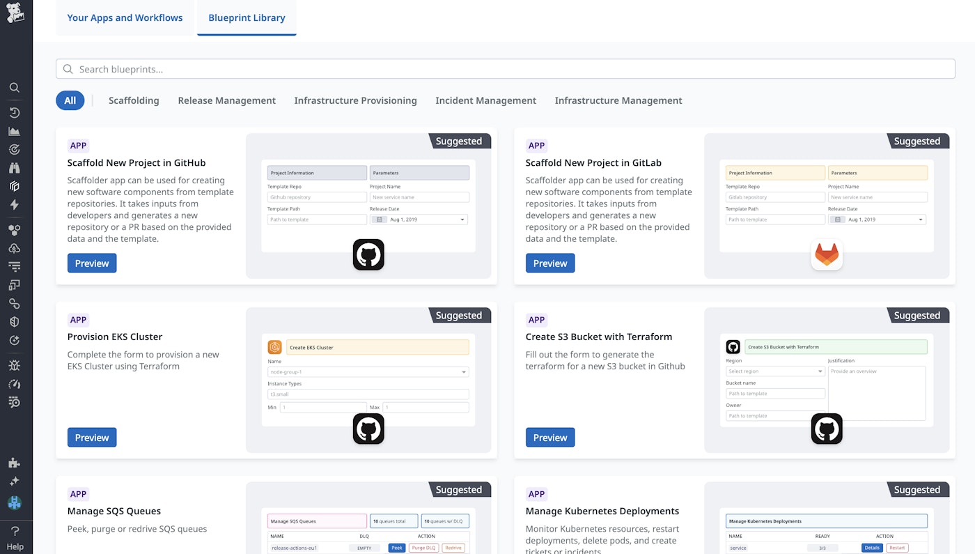 Quickly create self-service actions using Datadog's library of App Builder and Workflow Automation templates. Quickly create self-service actions using Datadog's library of App Builder and Workflow Automation templates.