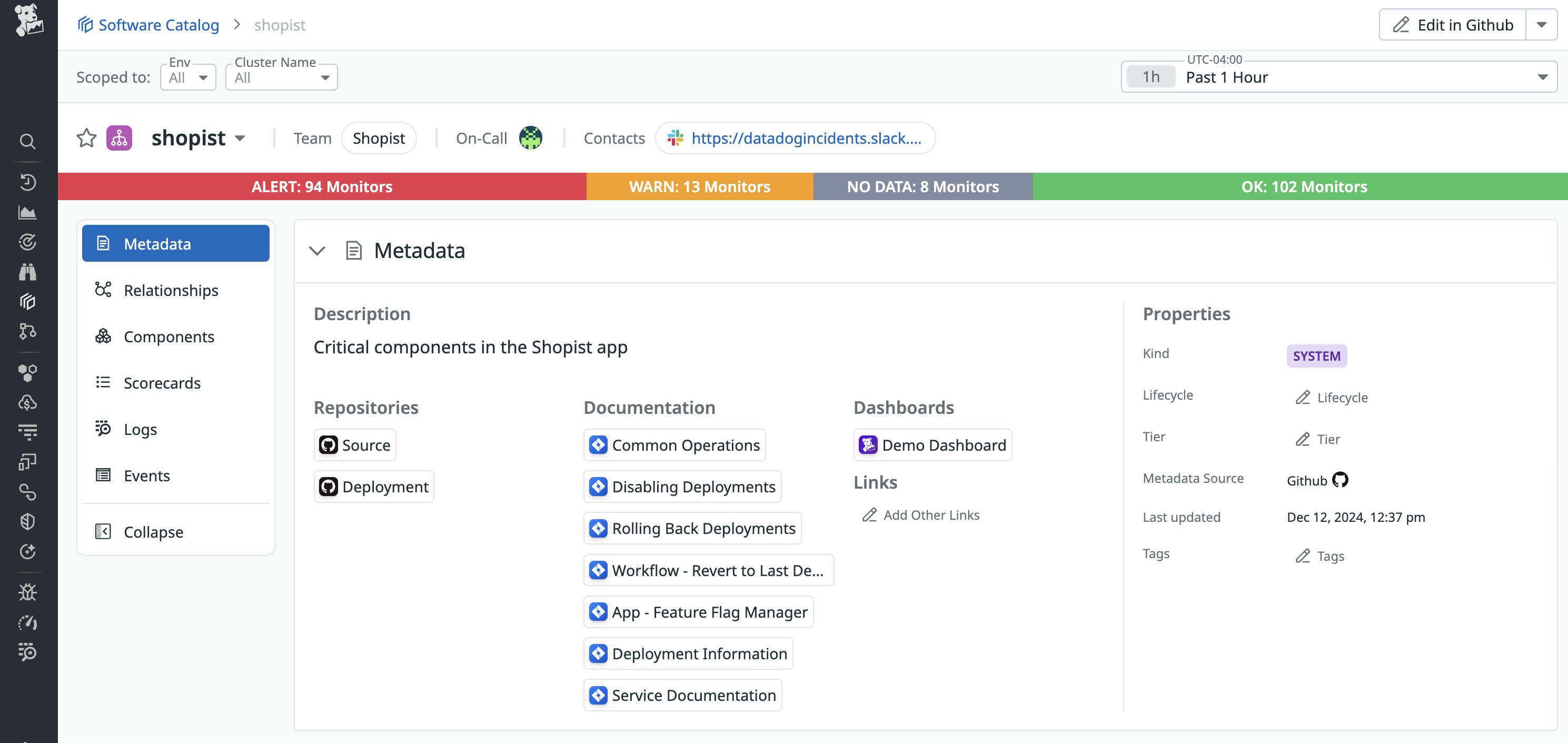 Software Catalog provides a central source for systems knowledge, inculding metadata links to GitHub repositories, documentation, and dashboards. Software Catalog provides a central source for systems knowledge, inculding metadata links to GitHub repositories, documentation, and dashboards.
