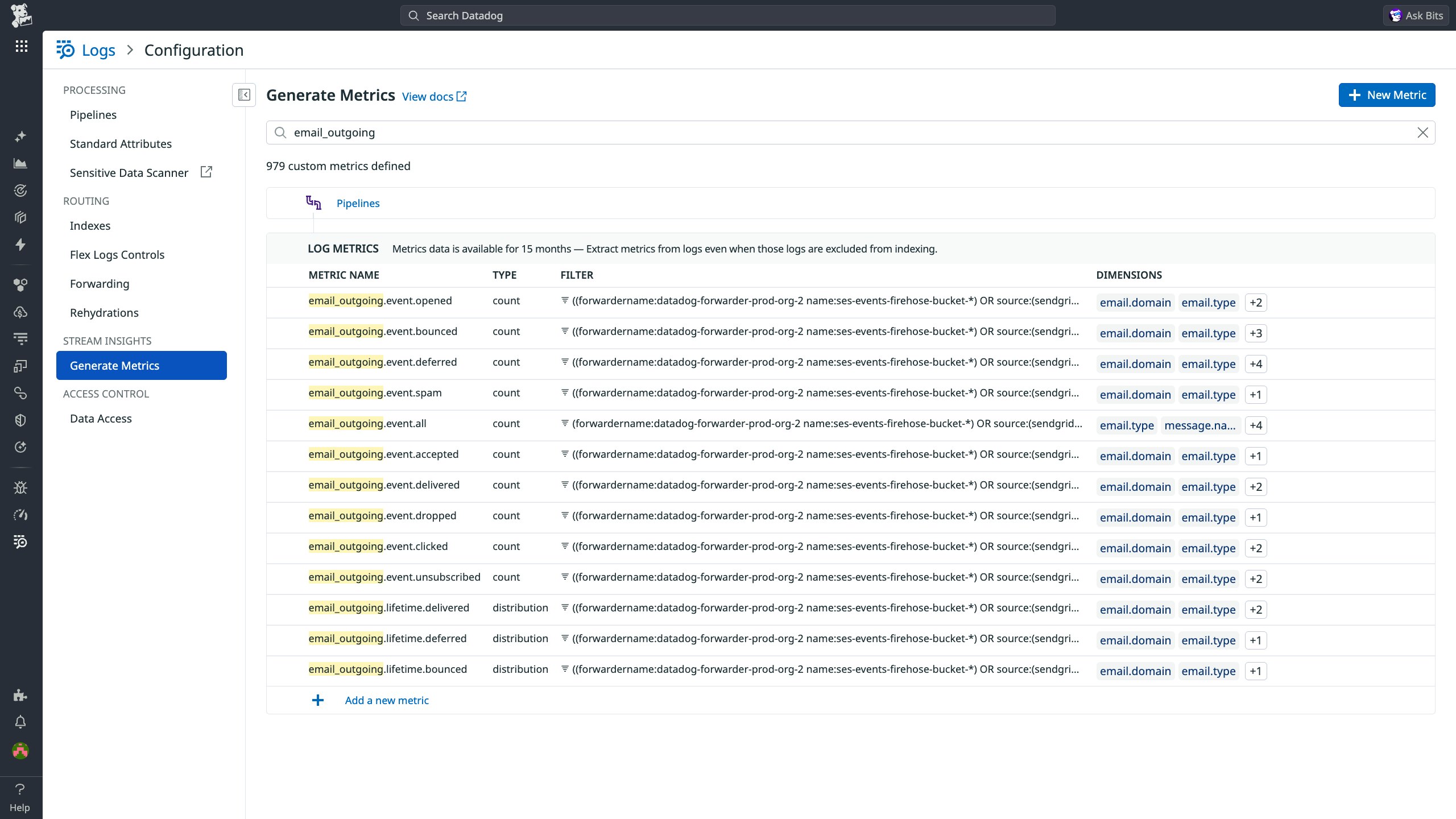 Our custom metrics for tracking email delivery, seen within the Datadog Log Management UI Our custom metrics for tracking email delivery, seen within the Datadog Log Management UI