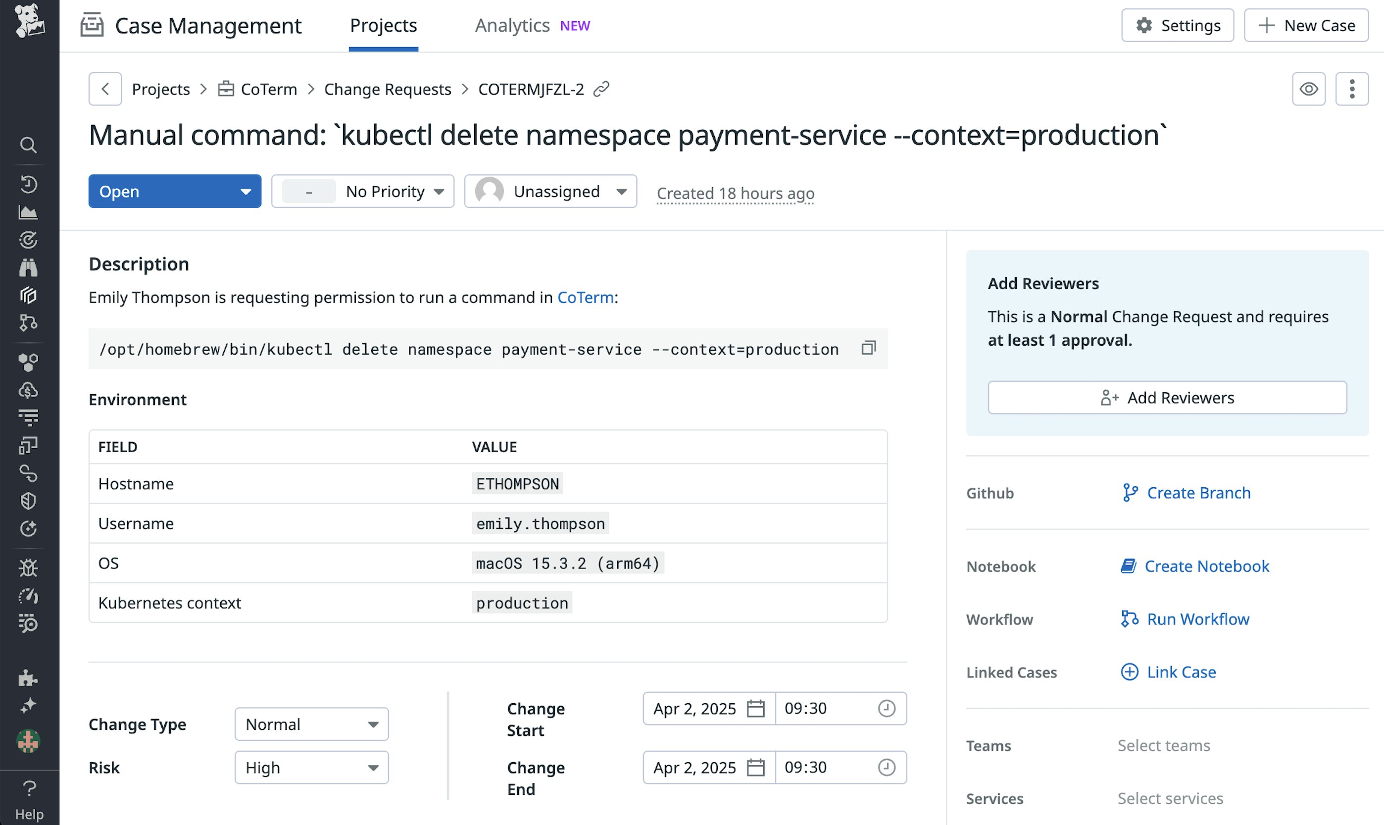 An approval request in Datadog Case Management. An approval request in Datadog Case Management.