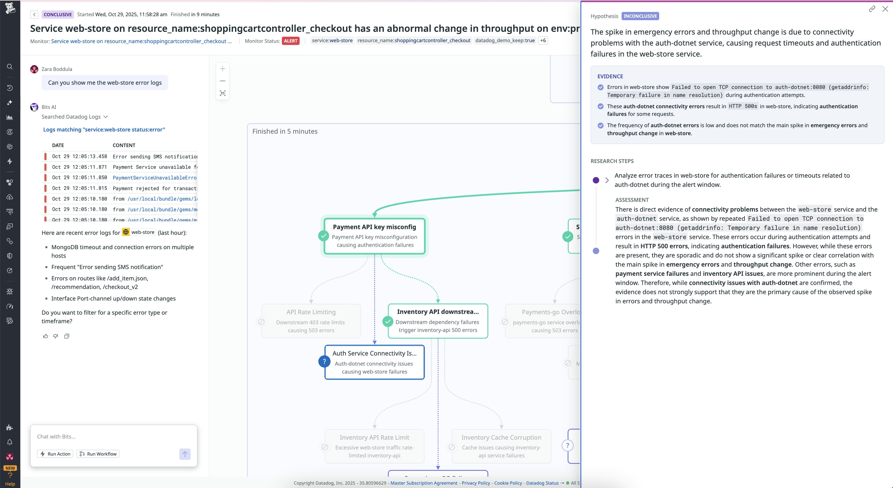 Datadog incident analysis view showing Bits AI-assisted investigation of web-store service errors, highlighting authentication failures and connectivity issues. Datadog incident analysis view showing Bits AI-assisted investigation of web-store service errors, highlighting authentication failures and connectivity issues.
