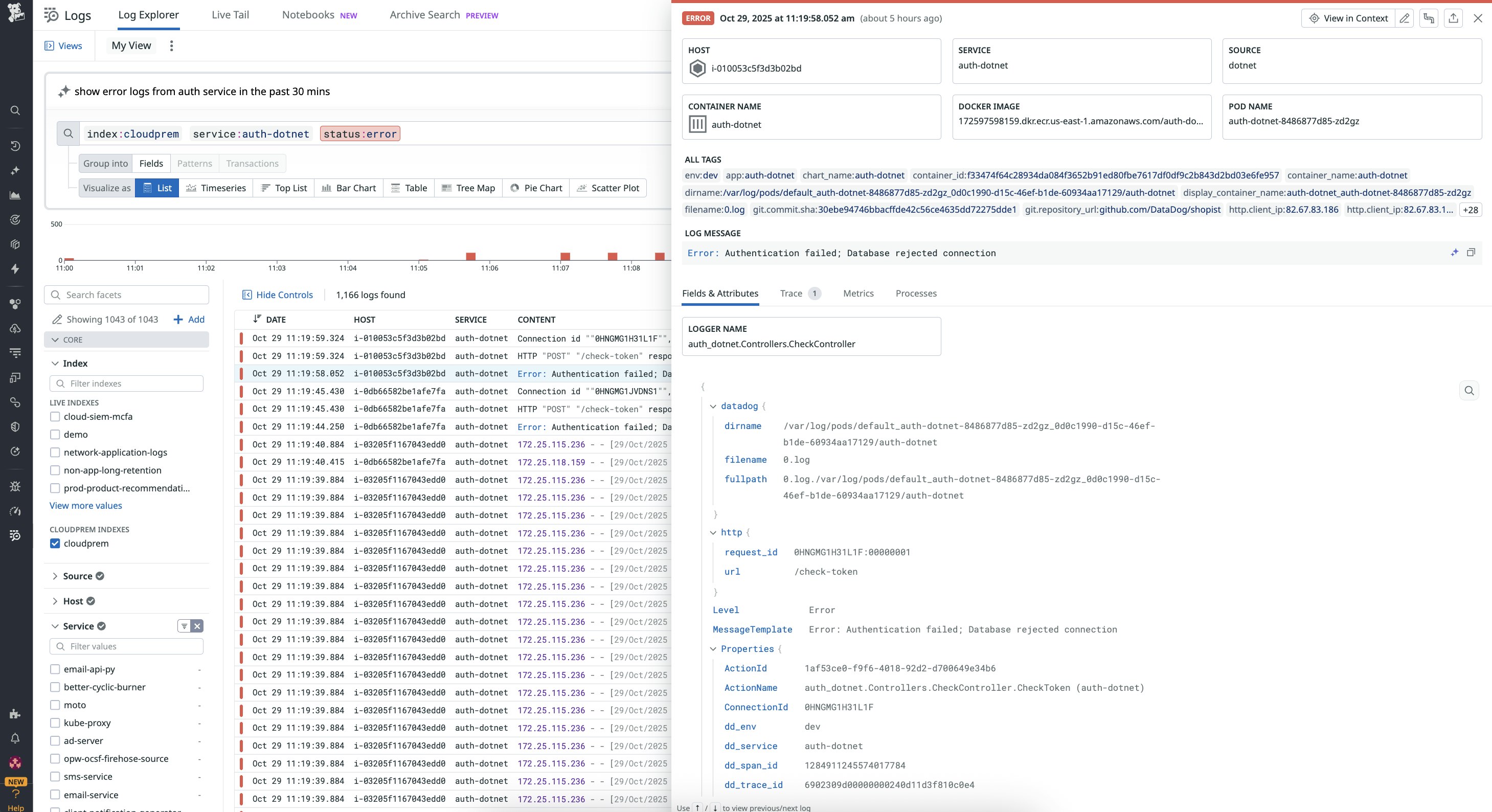 Datadog Log Explorer view filtered for CloudPrem logs showing auth-dotnet service errors, including authentication failure messages and detailed log attributes.. Datadog Log Explorer view filtered for CloudPrem logs showing auth-dotnet service errors, including authentication failure messages and detailed log attributes..