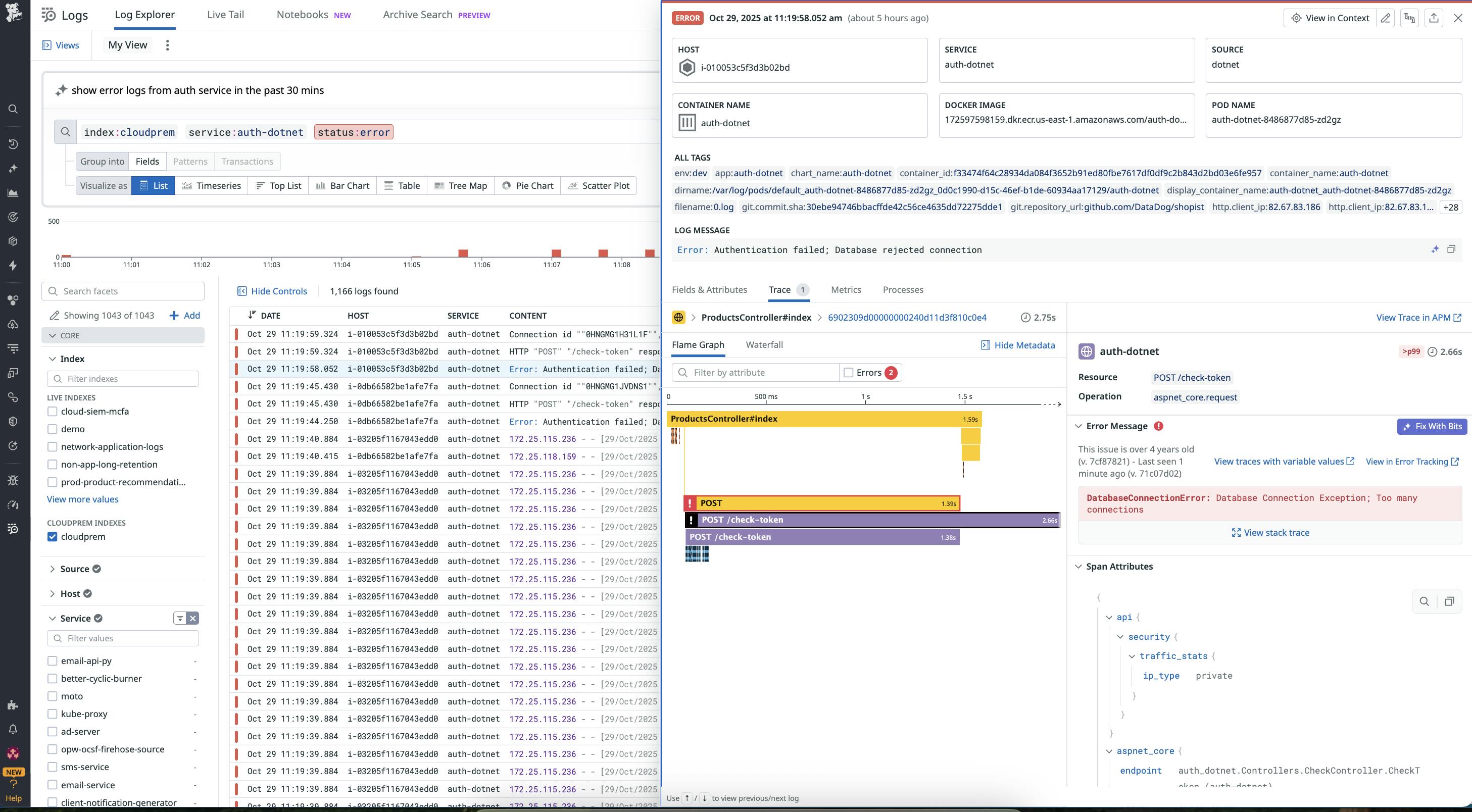 Datadog Log Explorer with trace view for auth-dotnet service showing a database connection error and flame graph illustrating request flow.