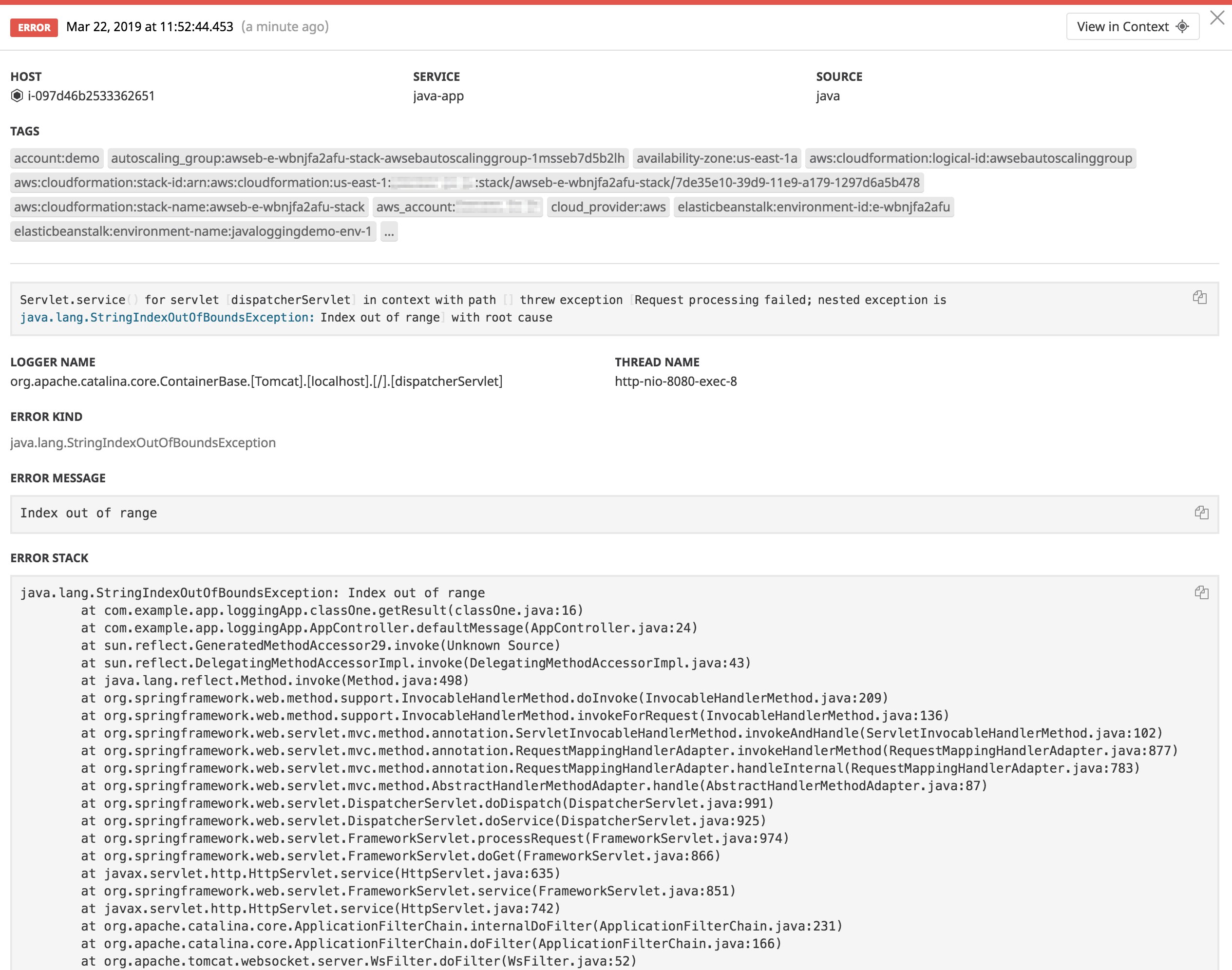 Logging to JSON captures Java multiline stack traces in one event. Logging to JSON captures Java multiline stack traces in one event.
