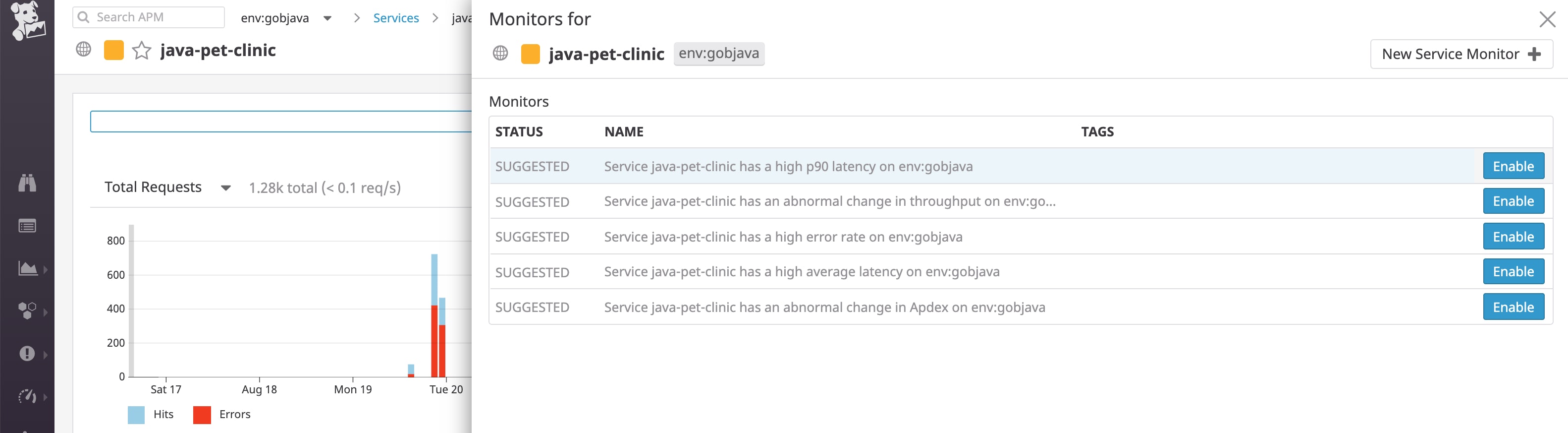 enable suggested alerts in datadog apm to automatically monitor your java application's request latency, error rate, and other issues enable suggested alerts in datadog apm to automatically monitor your java application's request latency, error rate, and other issues