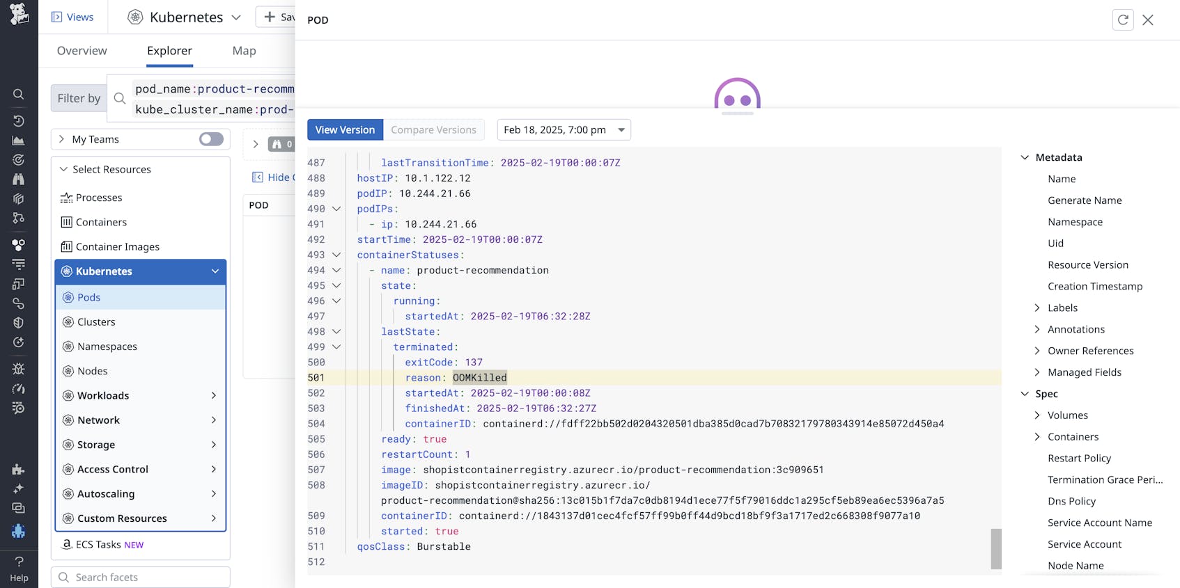 View a detailed history of the pod's lifecycle in the Kubernetes explorer.
