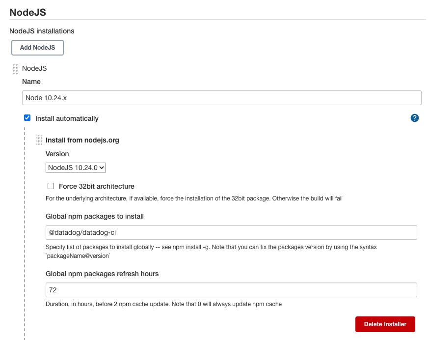 Install Node.js and datadog-ci package Install Node.js and datadog-ci package