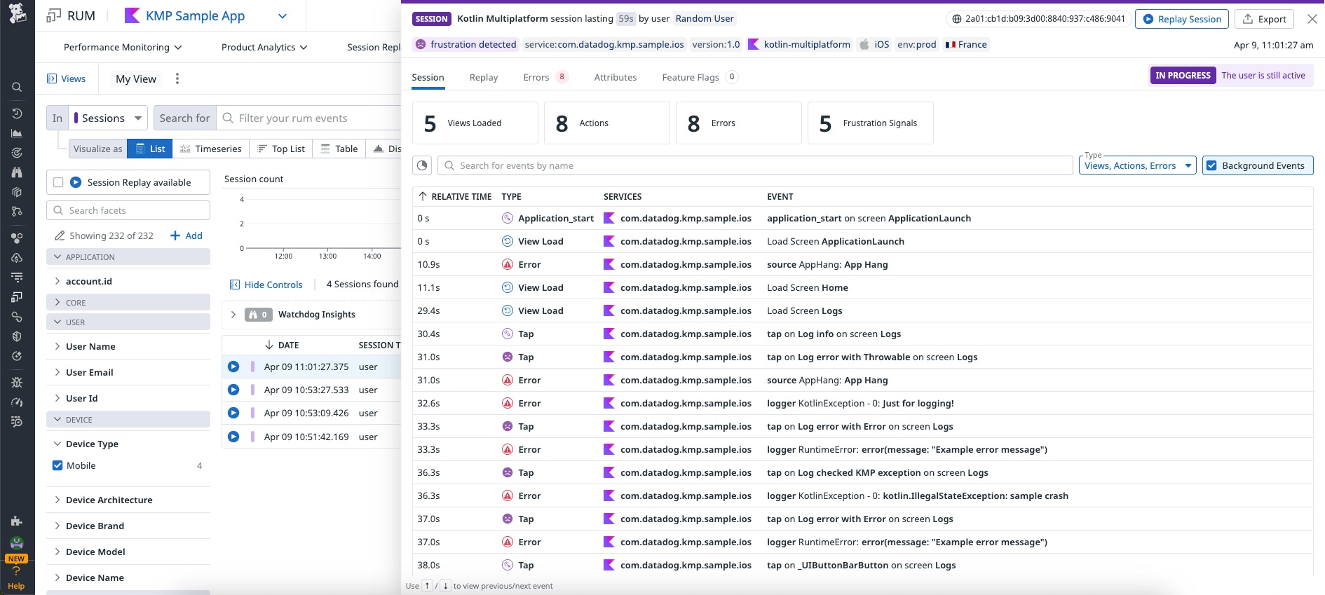 An event timeline of detected user frustration. An event timeline of detected user frustration.