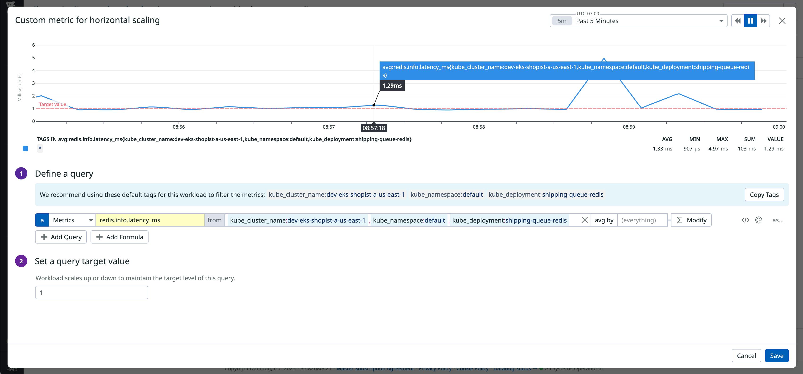 Datadog custom query builder shows how the historical behavior of your selected workload metric is automatically graphed against a target value to help you tune autoscaling thresholds.
