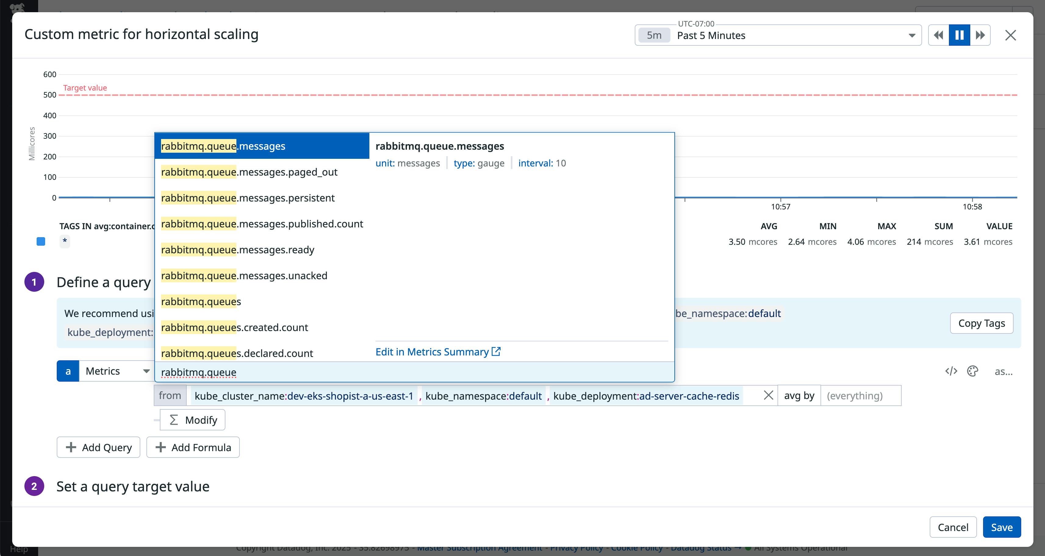 Datadog UI showing how a RabbitMQ queue metric is selected as the input for a Kubernetes Autoscaling policy.