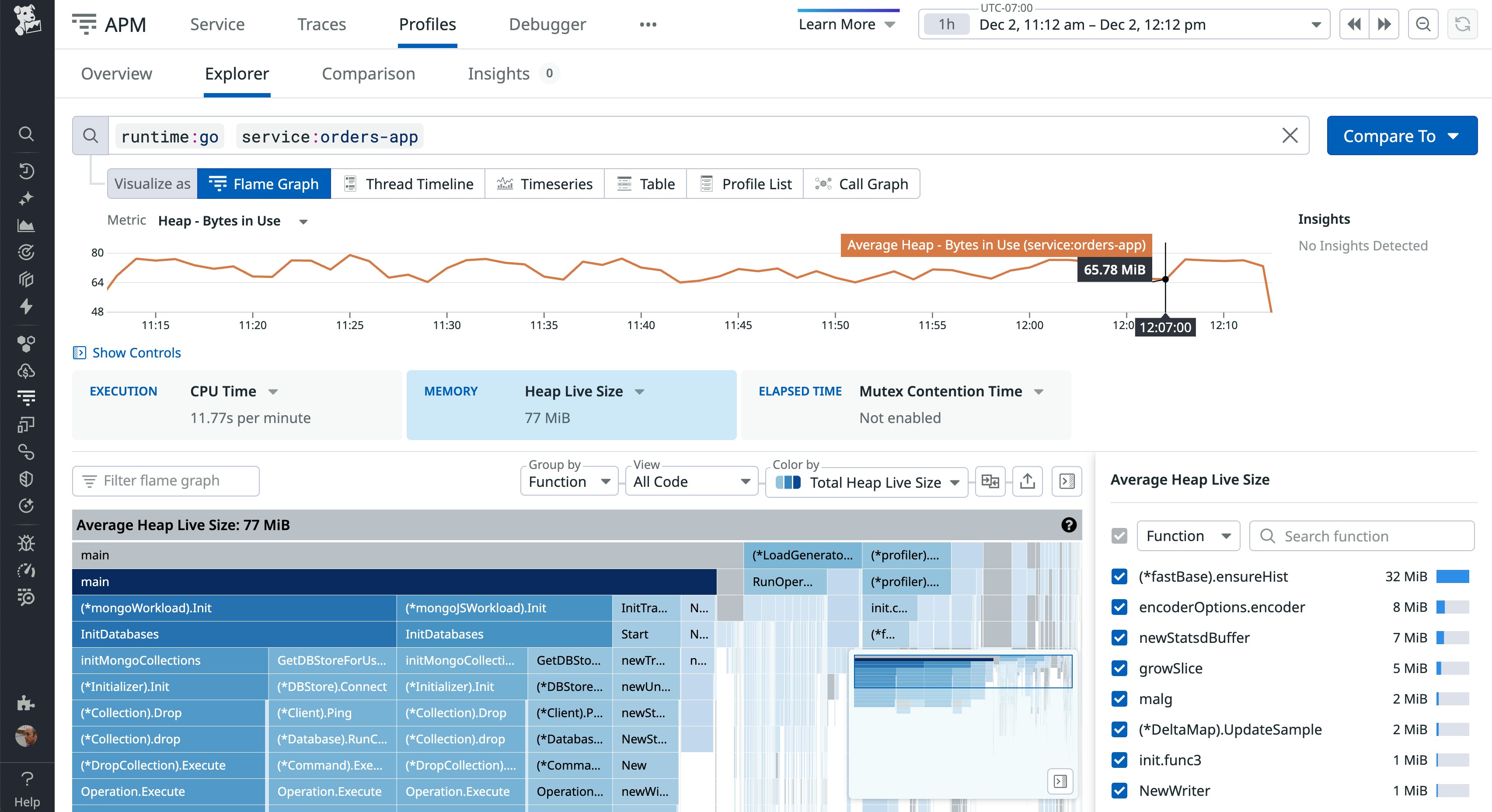 A screenshot of Datadog's Continuous Profiler displaying a Go application flame graph, with call stacks and function names visualized by CPU and memory usage. A screenshot of Datadog's Continuous Profiler displaying a Go application flame graph, with call stacks and function names visualized by CPU and memory usage.
