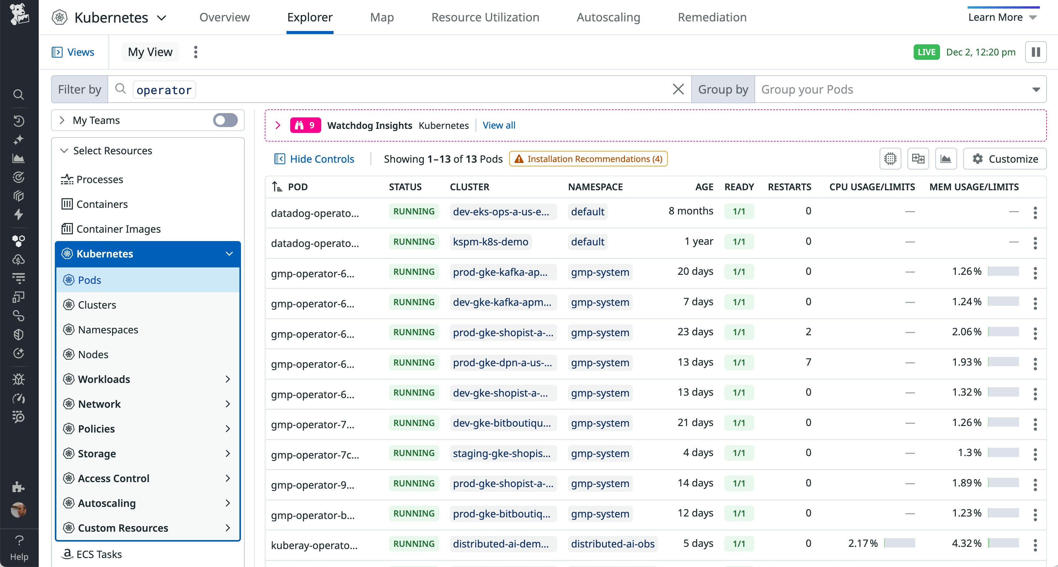 A screenshot of Datadog's Live Containers view showing a list of Kubernetes pods, including namespaces, images, CPU limits, memory usage, and resource pressure. A screenshot of Datadog's Live Containers view showing a list of Kubernetes pods, including namespaces, images, CPU limits, memory usage, and resource pressure.
