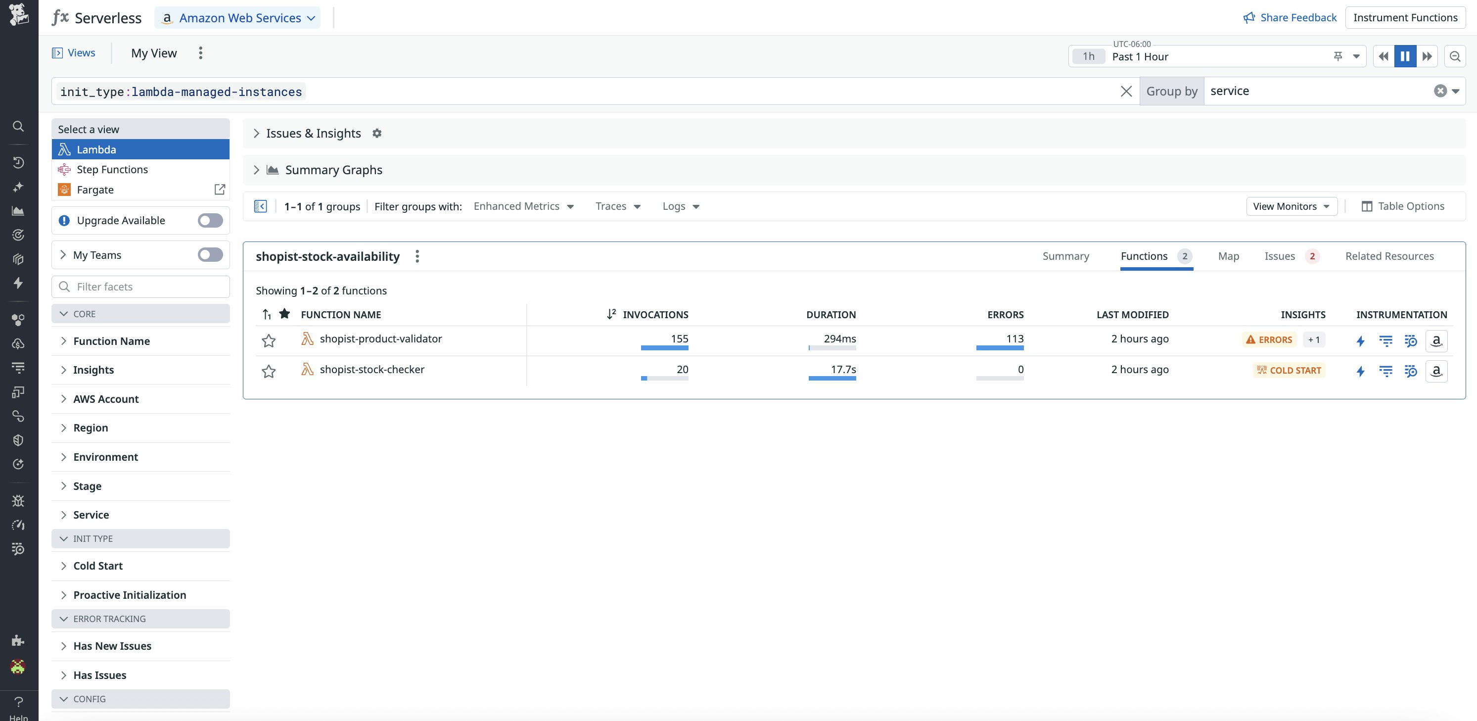 View your AWS Lambda Managed Instances in the AWS Serverless Monitoring view. View your AWS Lambda Managed Instances in the AWS Serverless Monitoring view.