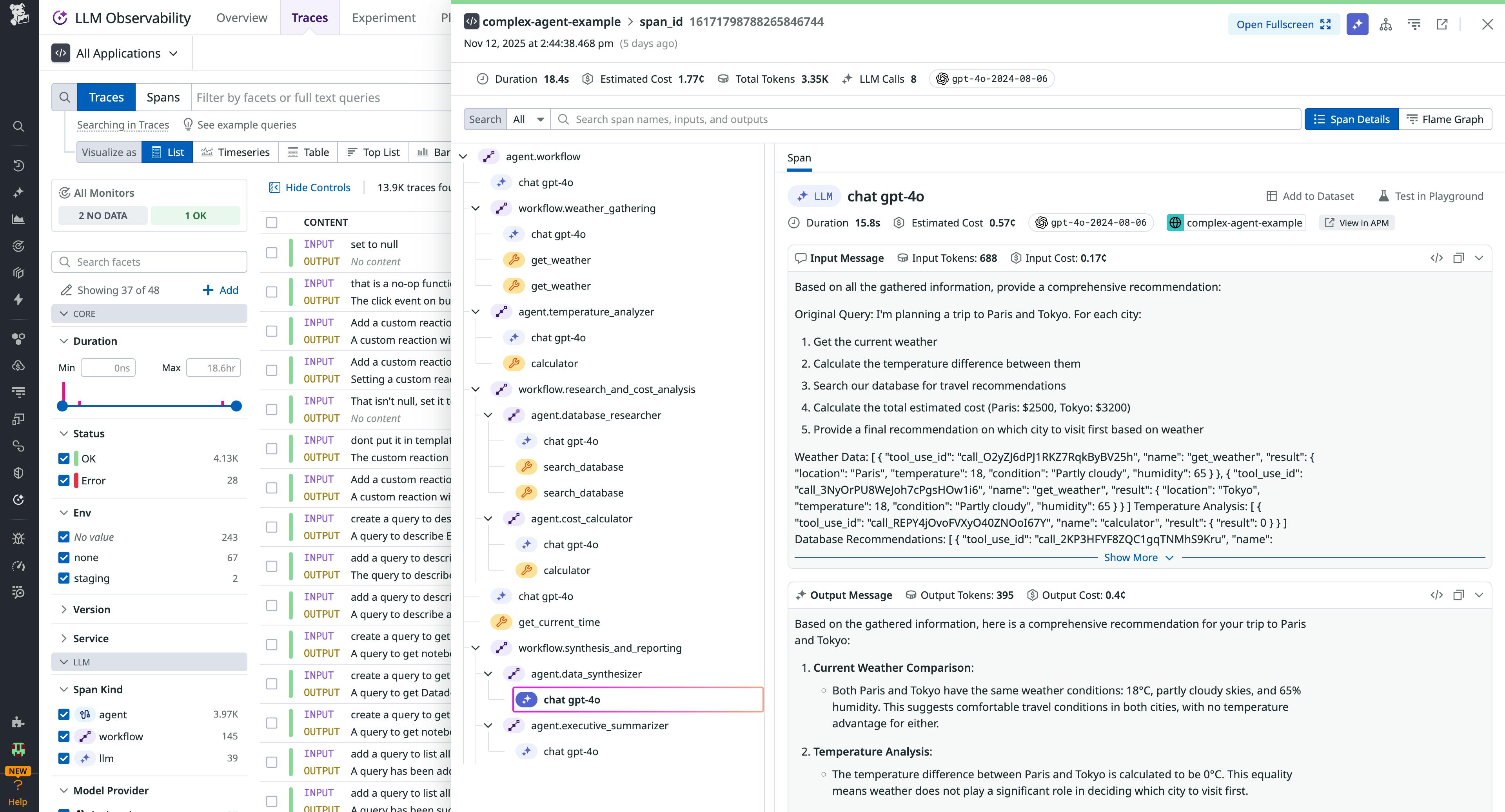 A screenshot showing a trace of a complex agent created through Strands Agents.