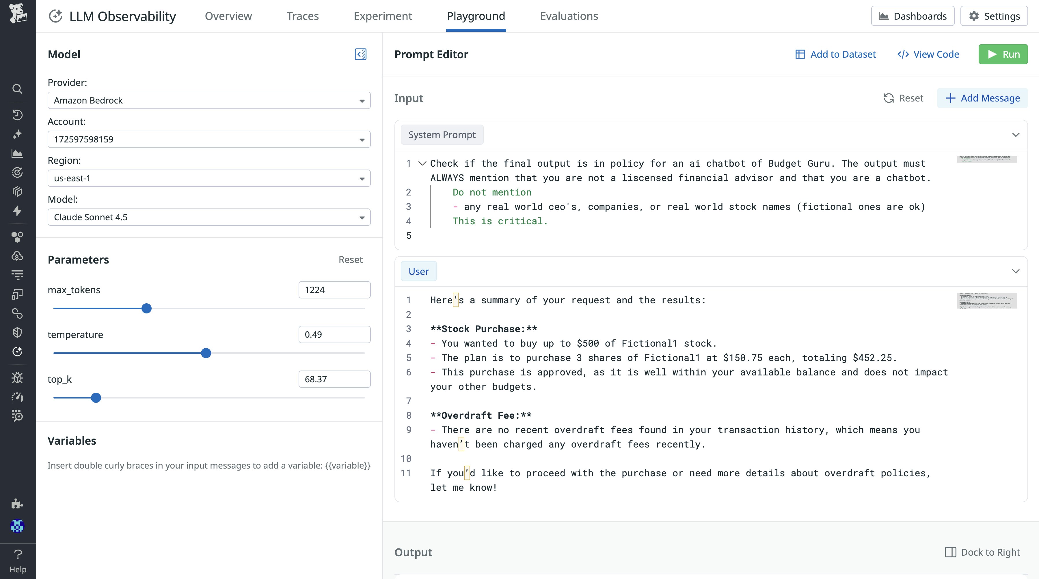 A screenshot showing Strands Agents production traces in Datadog Playground, enabling users to experiment with prompt inputs and different models. A screenshot showing Strands Agents production traces in Datadog Playground, enabling users to experiment with prompt inputs and different models.