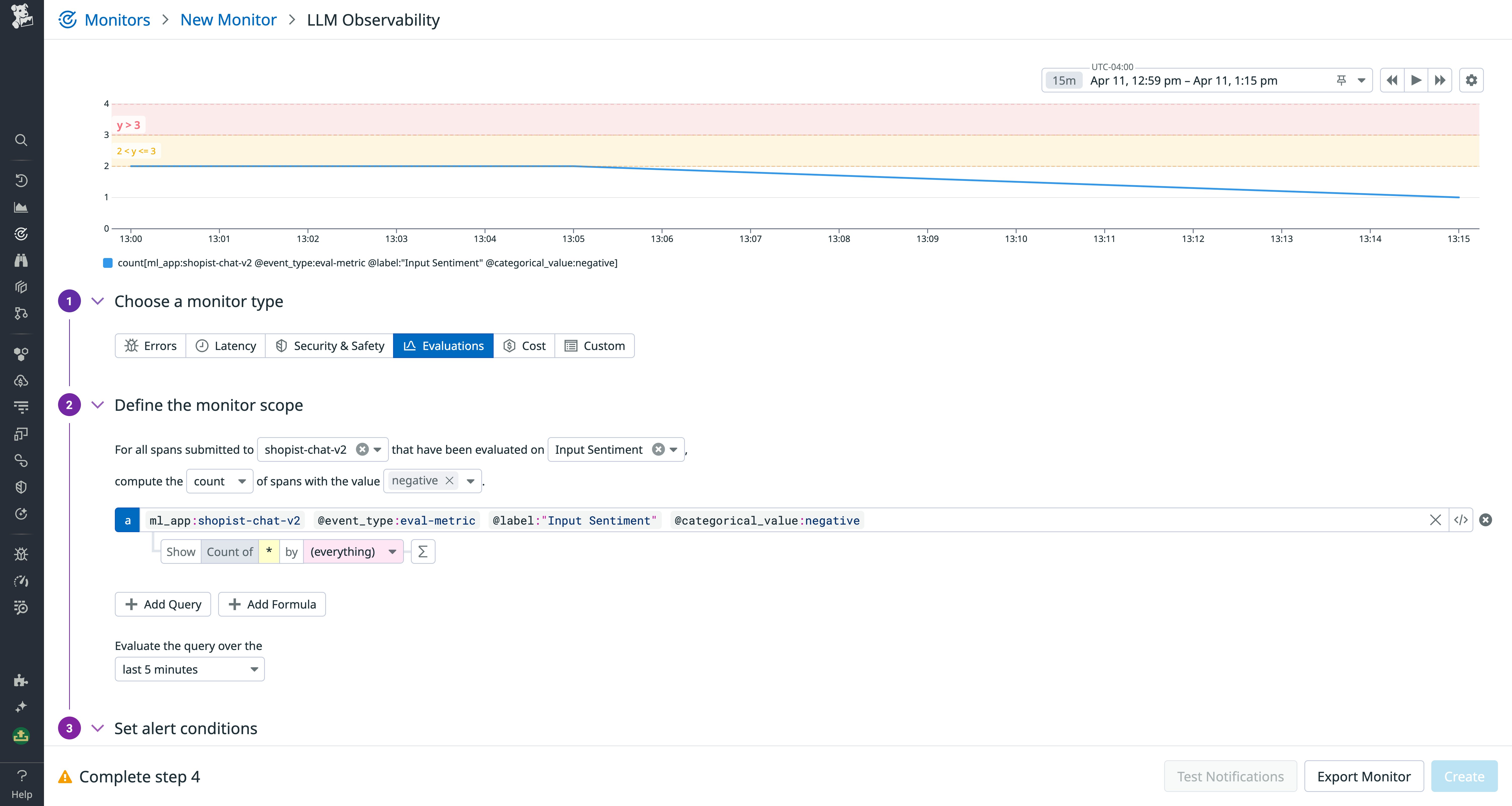 Creating a monitor to alert on evaluation results. Creating a monitor to alert on evaluation results.