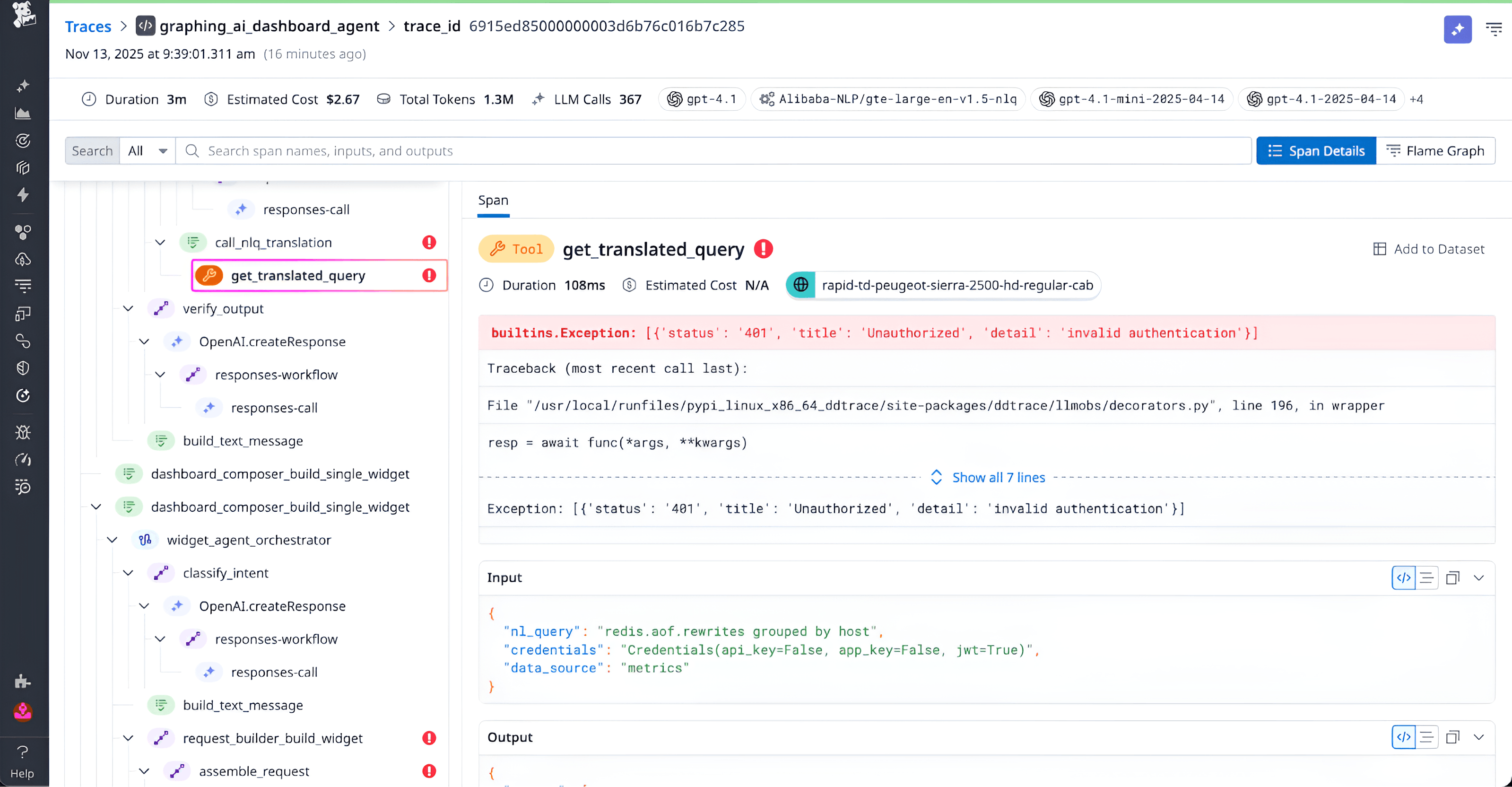A screenshot showing a trace examination with an HTTP 401 error.