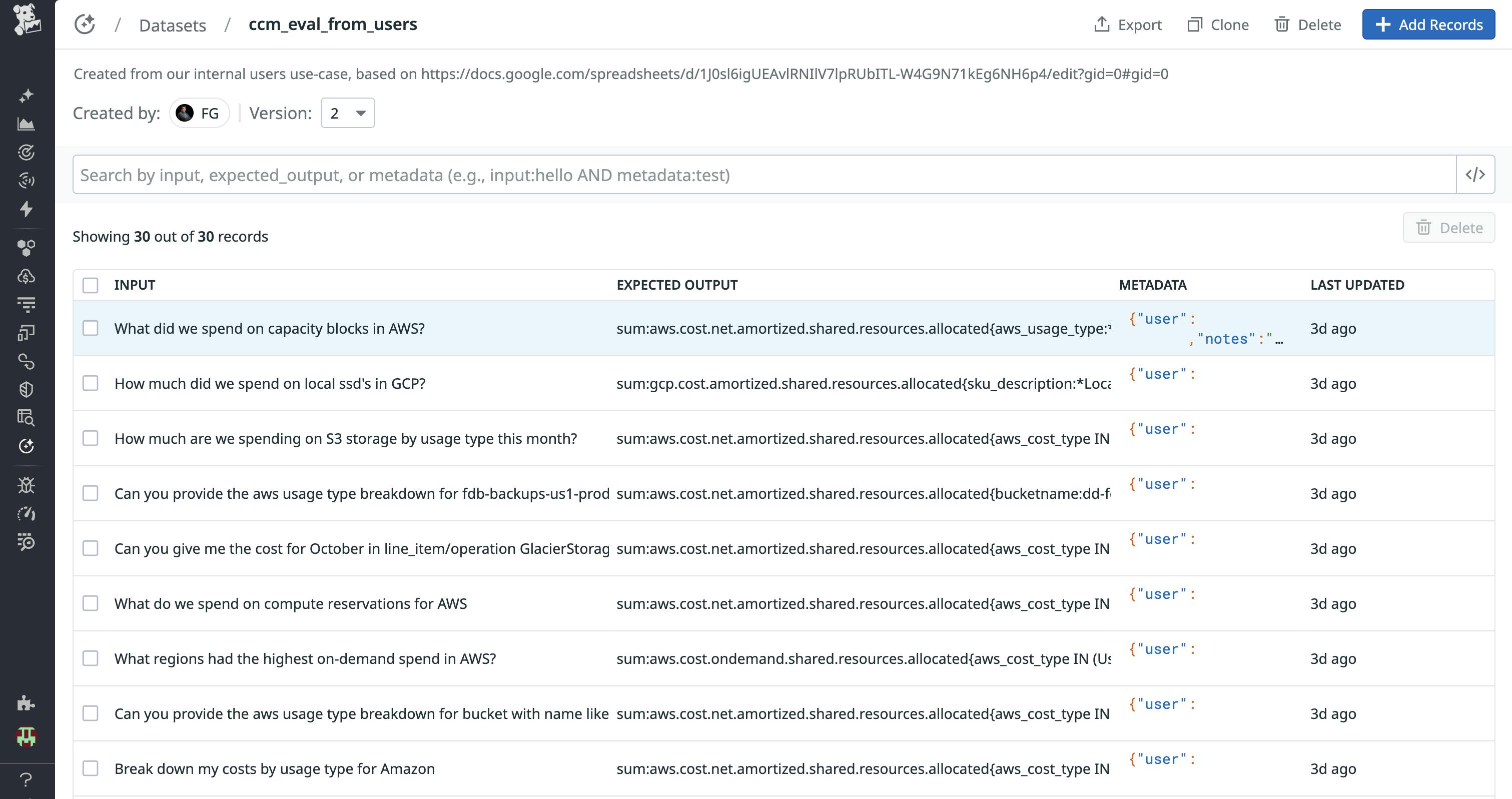 A screenshot showing the created datasets used by our evaluators.