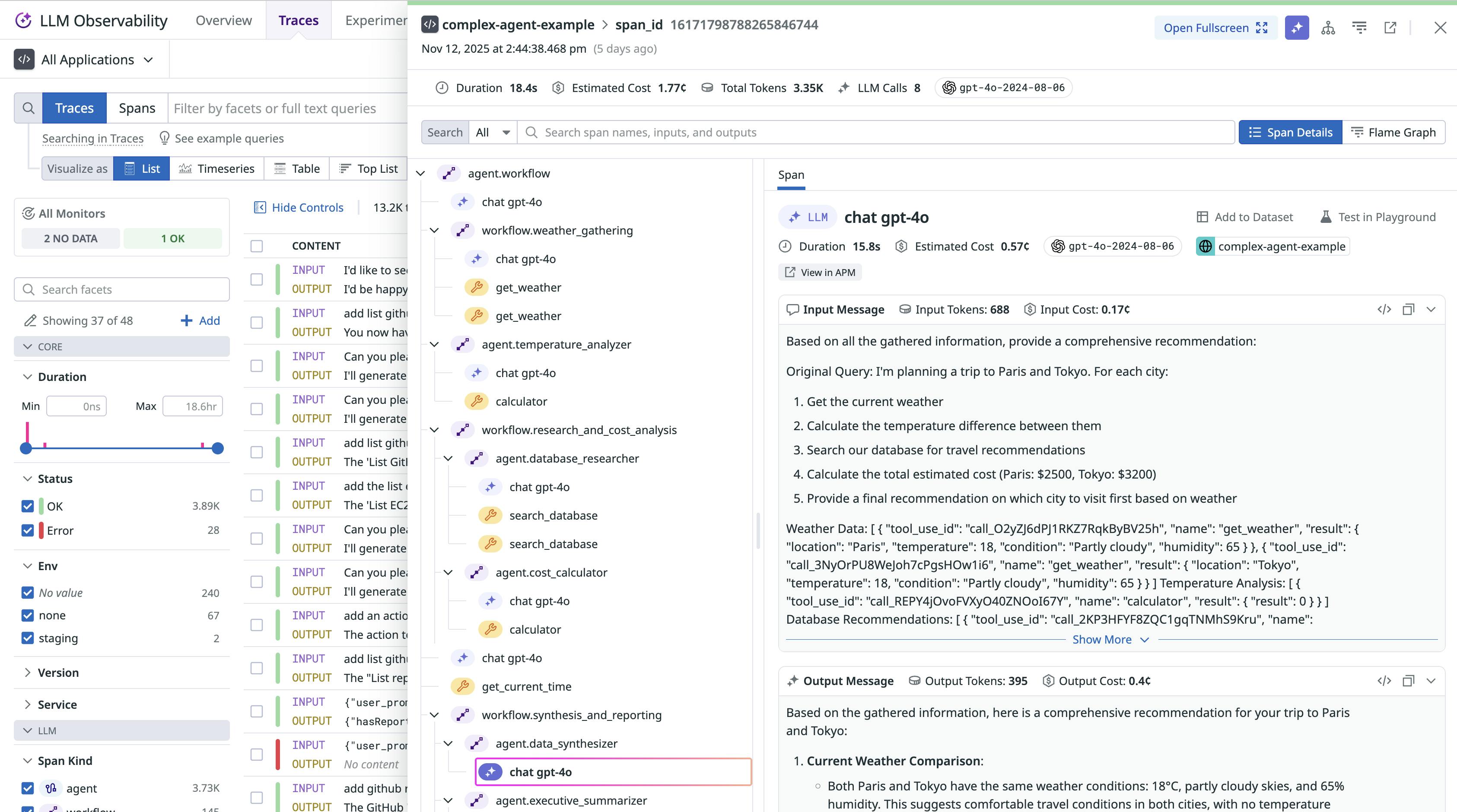 A screenshot showing a trace for a complex agent using OTel GenAI Semantic Conventions.