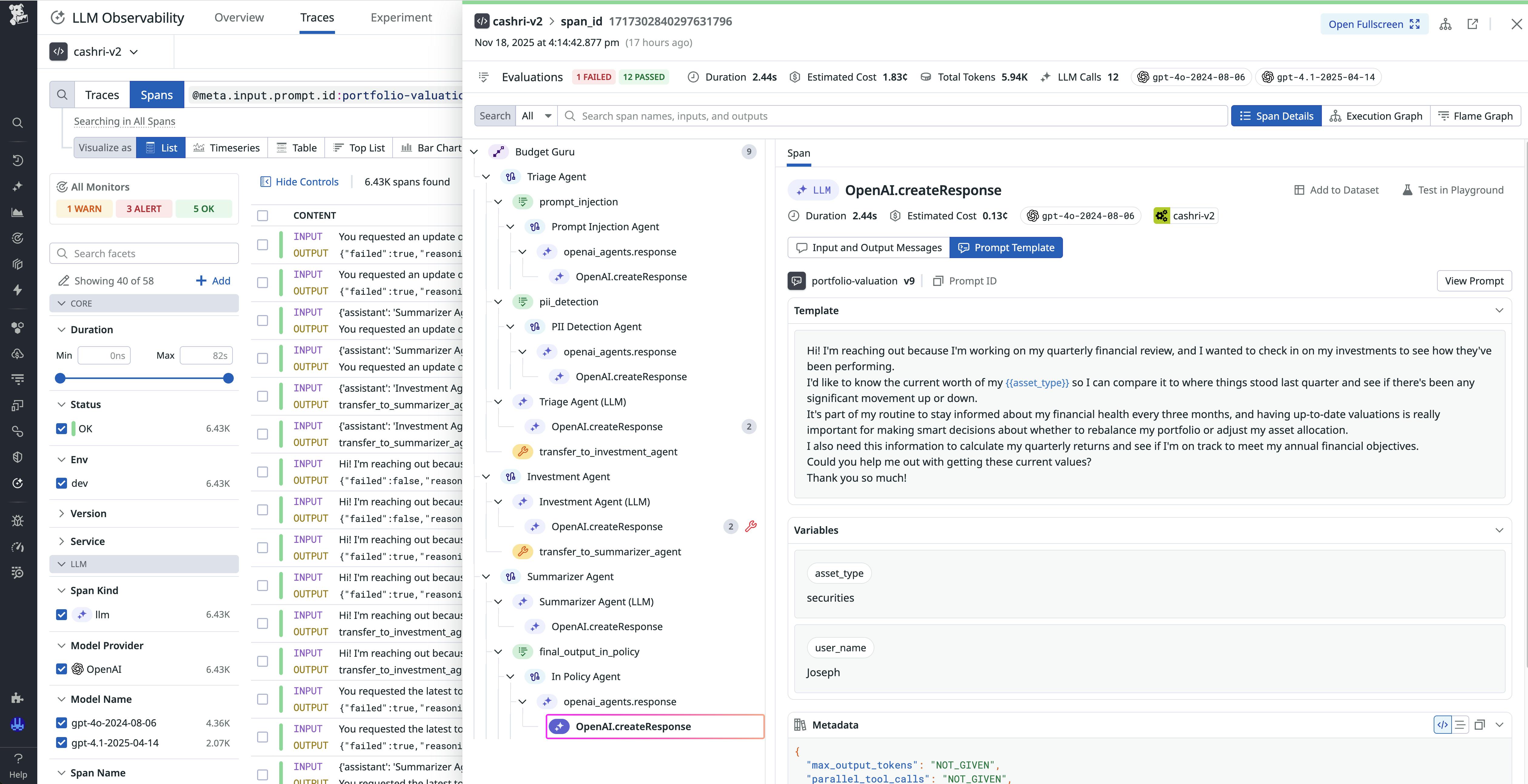 A trace view showing span details for the OpenAI.createResponse step, including the prompt template, variables, and associated metadata.