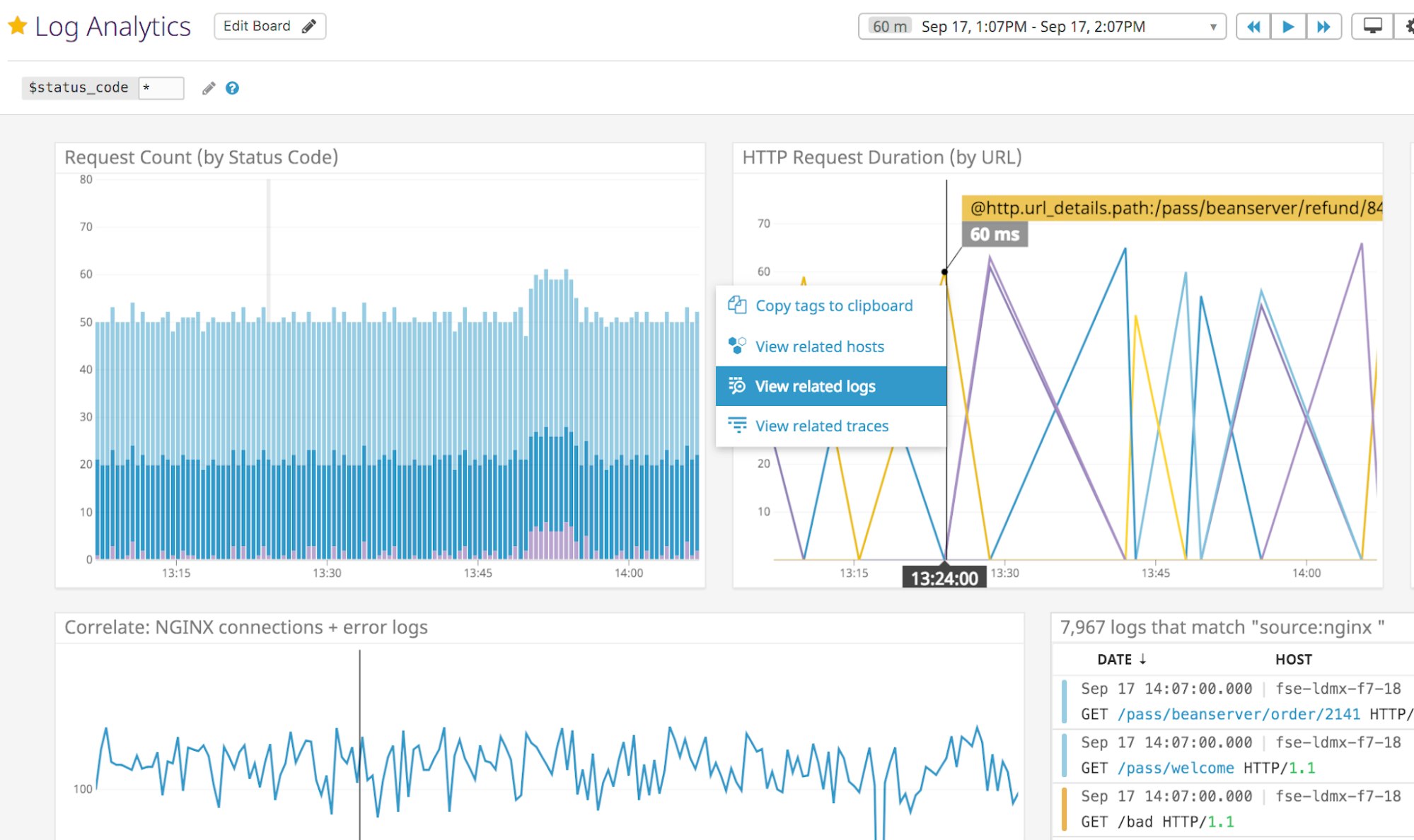 Click through from any timeseries graph to view related logs in Datadog. Click through from any timeseries graph to view related logs in Datadog.