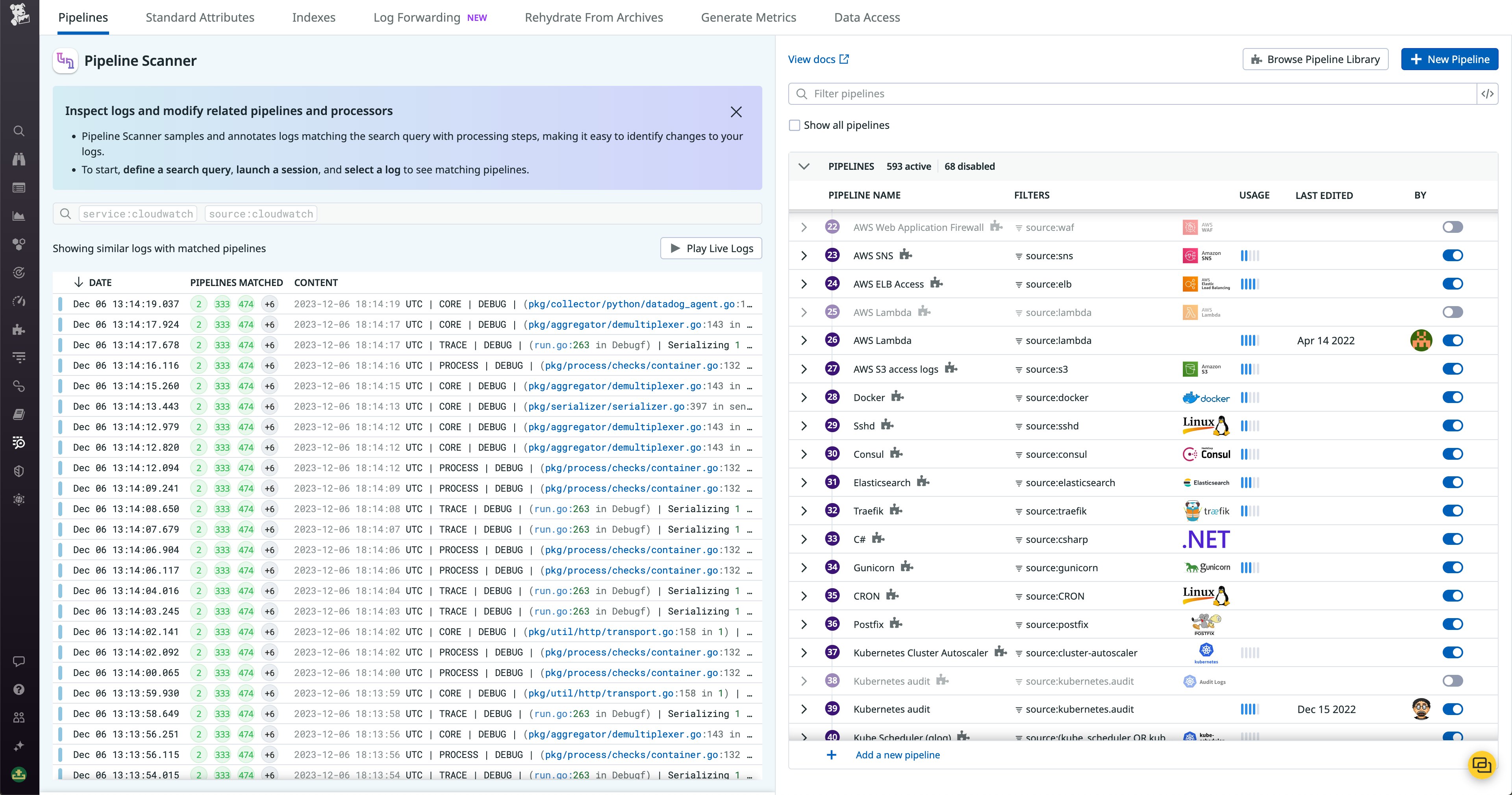 You can pivot directly from a log side panel to the Log Pipeline Scanner to see a live tail of similar logs alongside your team’s log pipelines. You can pivot directly from a log side panel to the Log Pipeline Scanner to see a live tail of similar logs alongside your team’s log pipelines.