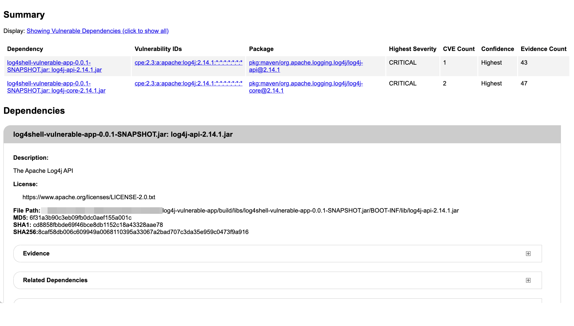 Using OWASP DependencyCheck to identify a vulnerable Log4j dependency Using OWASP DependencyCheck to identify a vulnerable Log4j dependency