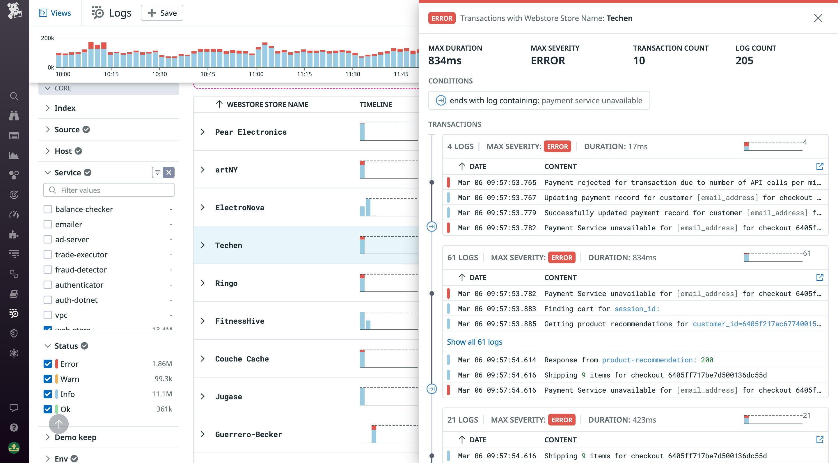 We can drill into a transaction to view its included log events and pivot to troubleshooting any errors shown. We can drill into a transaction to view its included log events and pivot to troubleshooting any errors shown.