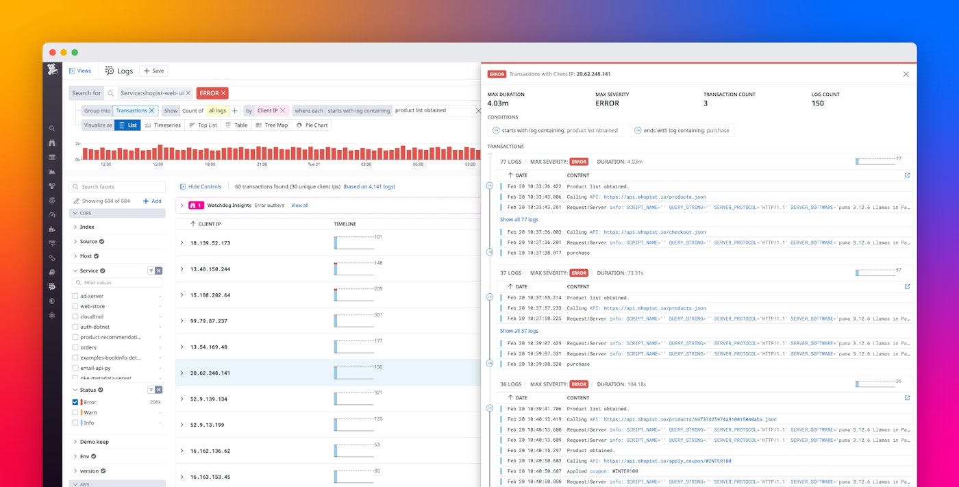 Group your logs to analyze processes with Log Transaction Queries Group your logs to analyze processes with Log Transaction Queries
