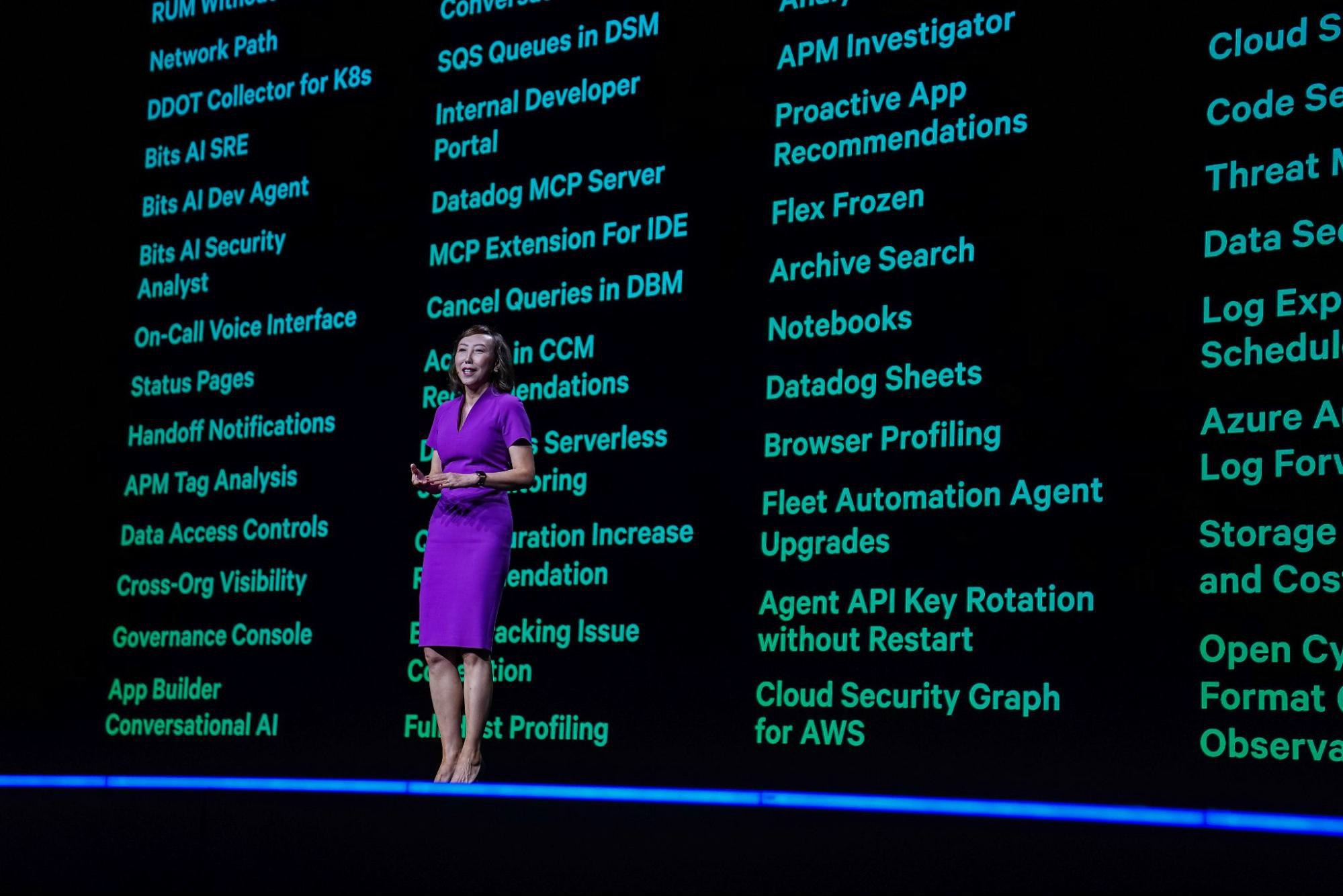 Photo of Datadog’s Chief Product Officer Dr. Yanbing Li speaking on stage at the DASH 2025 opening product keynote. Photo of Datadog’s Chief Product Officer Dr. Yanbing Li speaking on stage at the DASH 2025 opening product keynote.