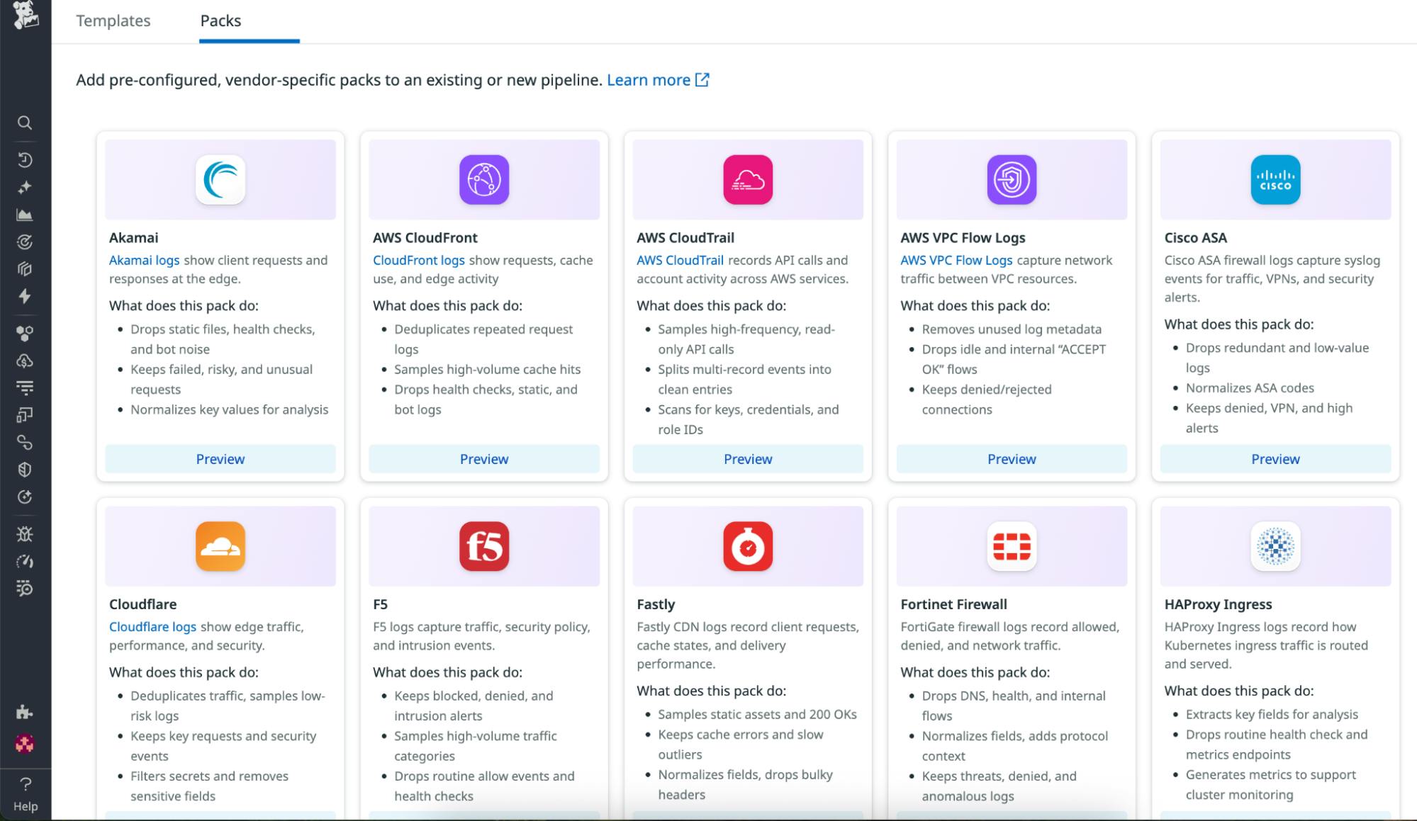 A screenshot of the Datadog Packs catalog showing a selectionof pre-configured, vendor-specific pack you can add to an existing or new Observability Pipeline.